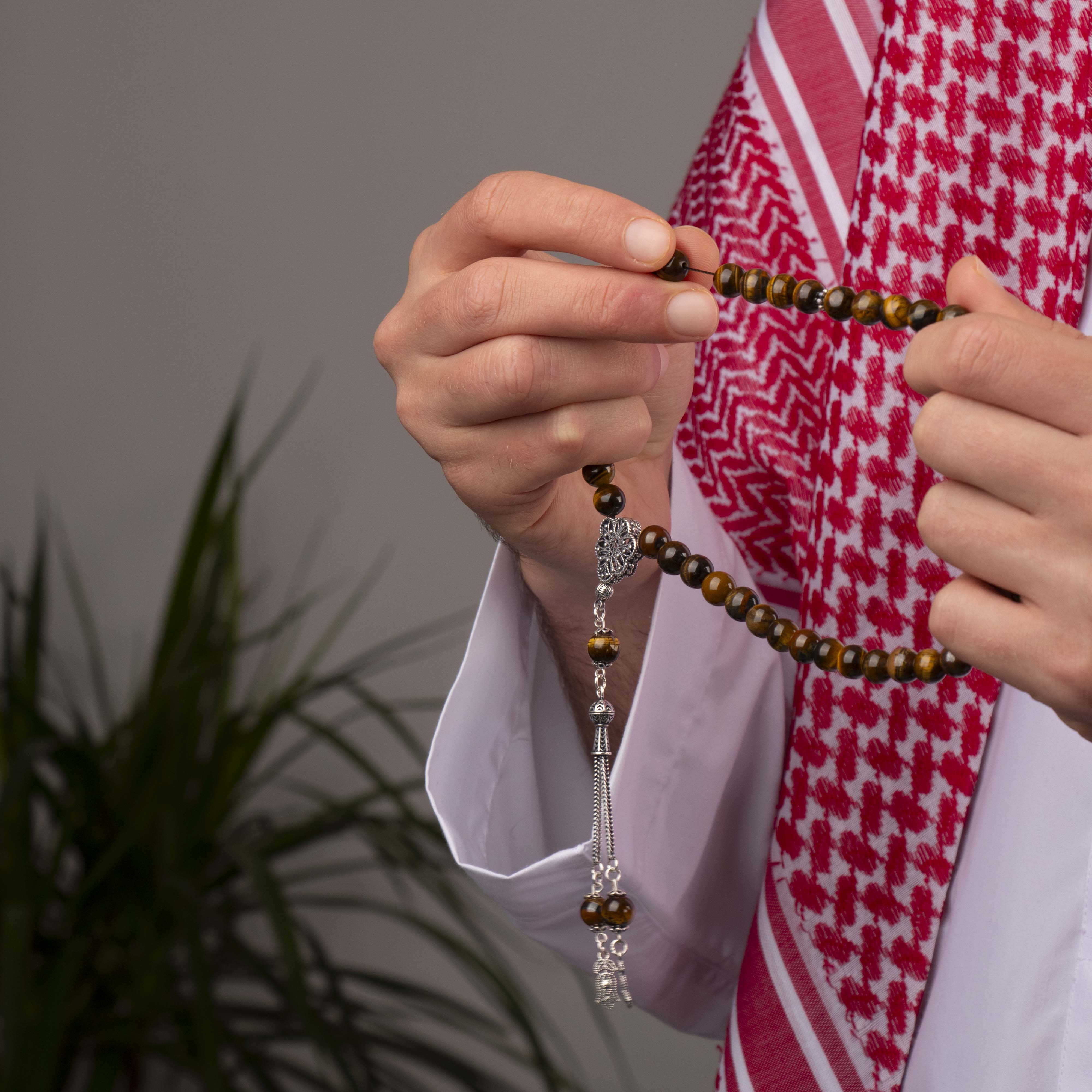 Tiger Eye Stone Prayer Beads with Silver Tassel (8 mm)