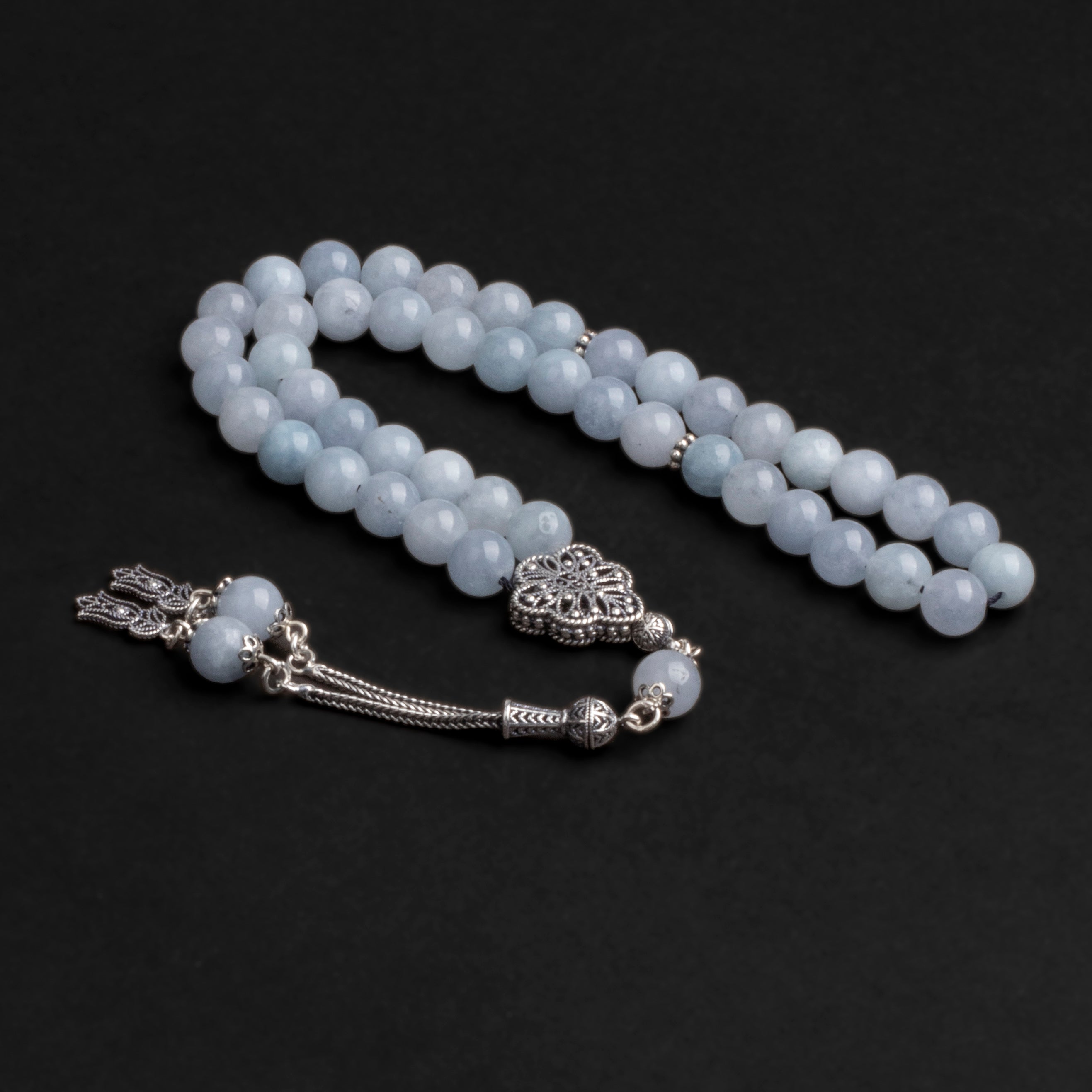 Blue Quartz Prayer Beads with Silver Tassel (8mm)