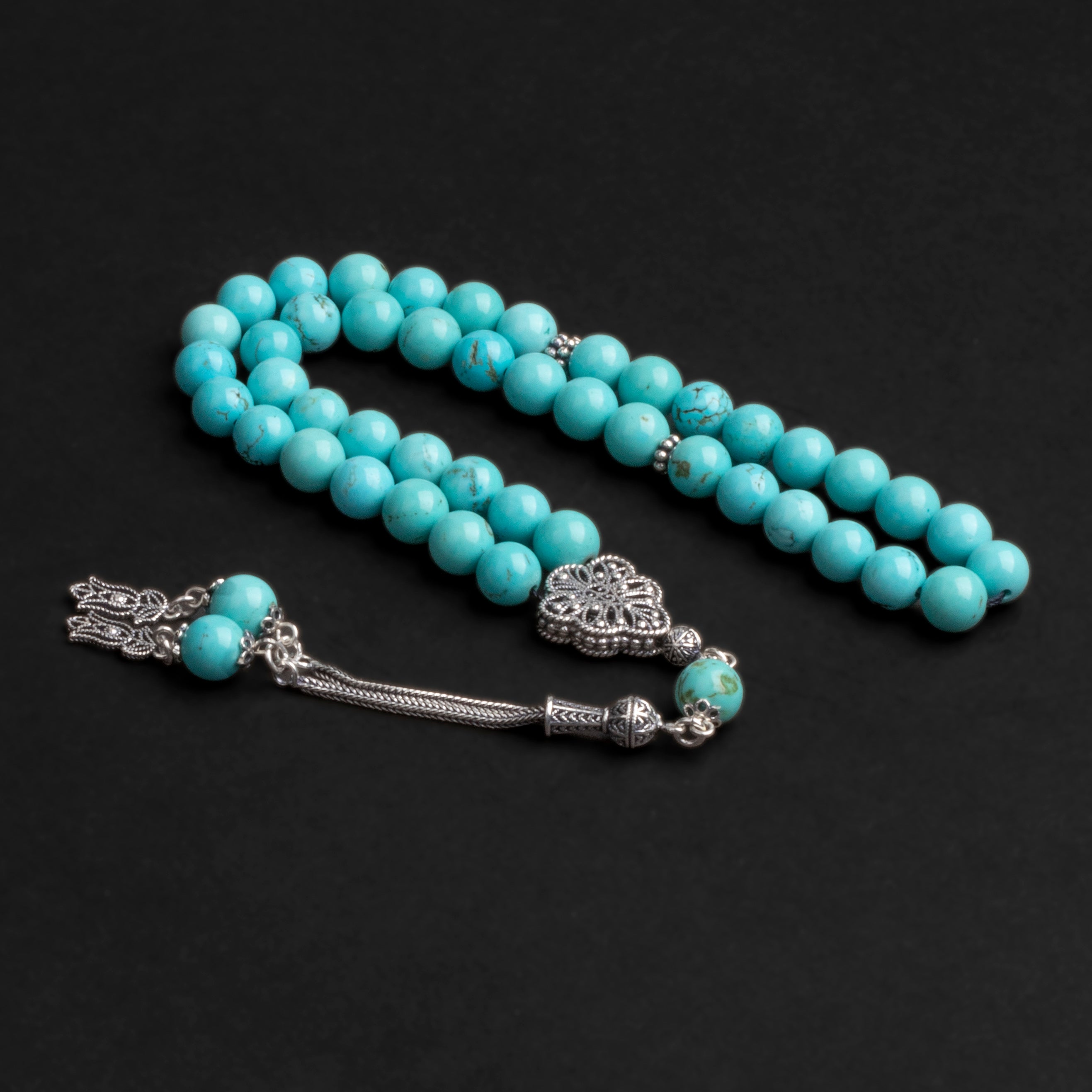 Turquoise Prayer Beads with Silver Tassel (8mm)