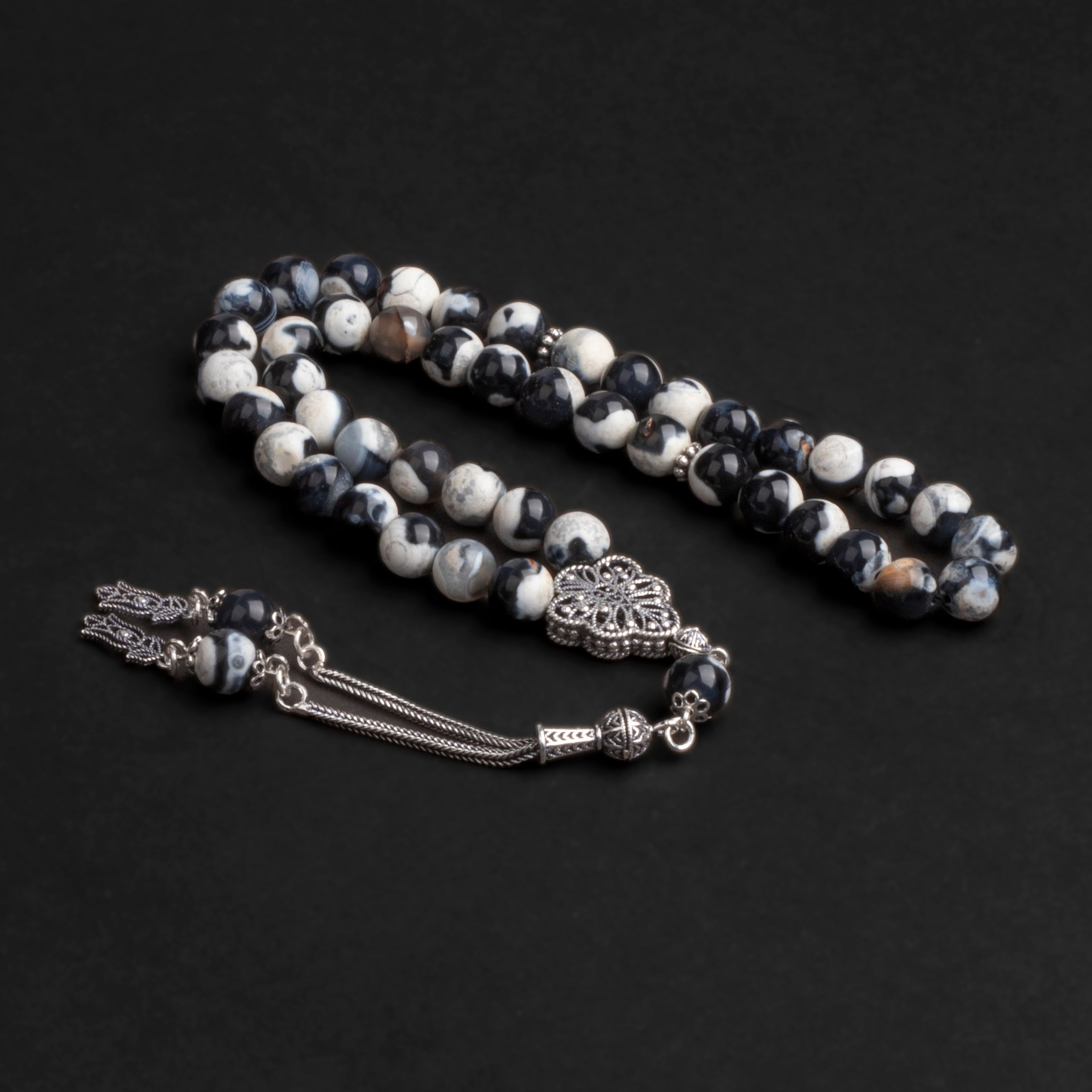 Black & White Agate Prayer Beads with Silver Tassel (8mm)
