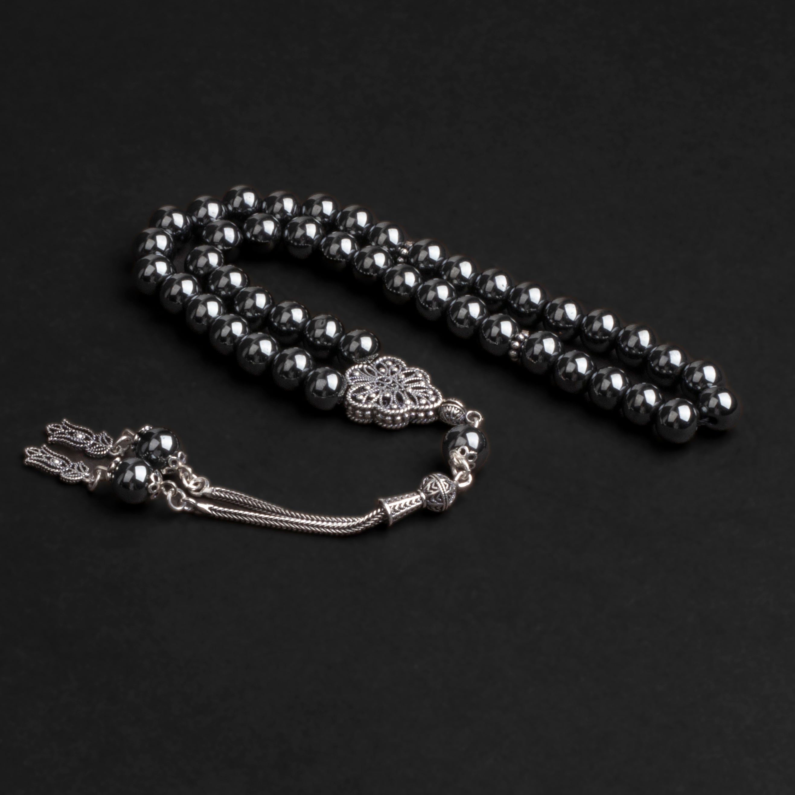 Hematite Prayer Beads with Silver Tassel (8mm)