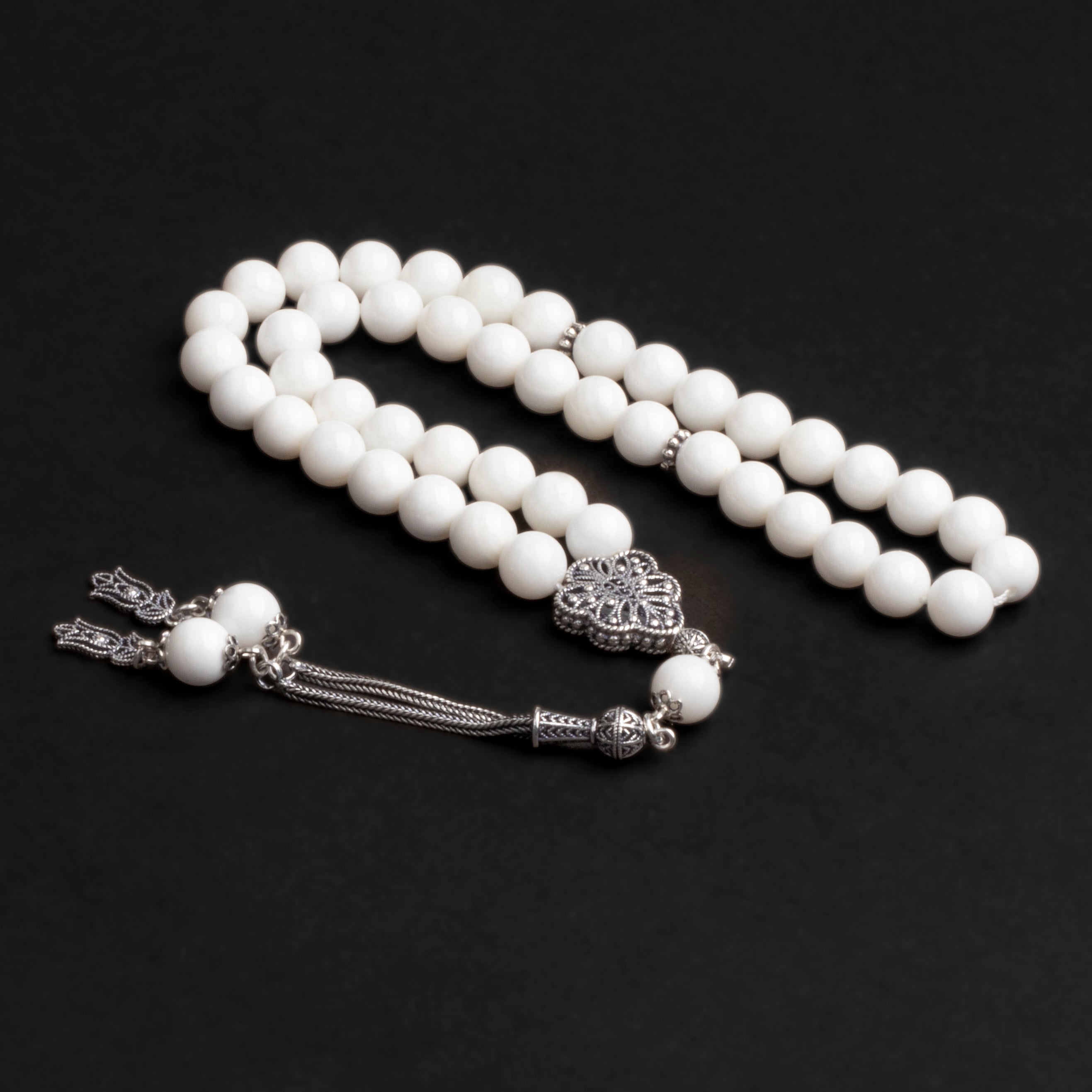 Pearl Prayer Beads with Silver Tassel (8mm)