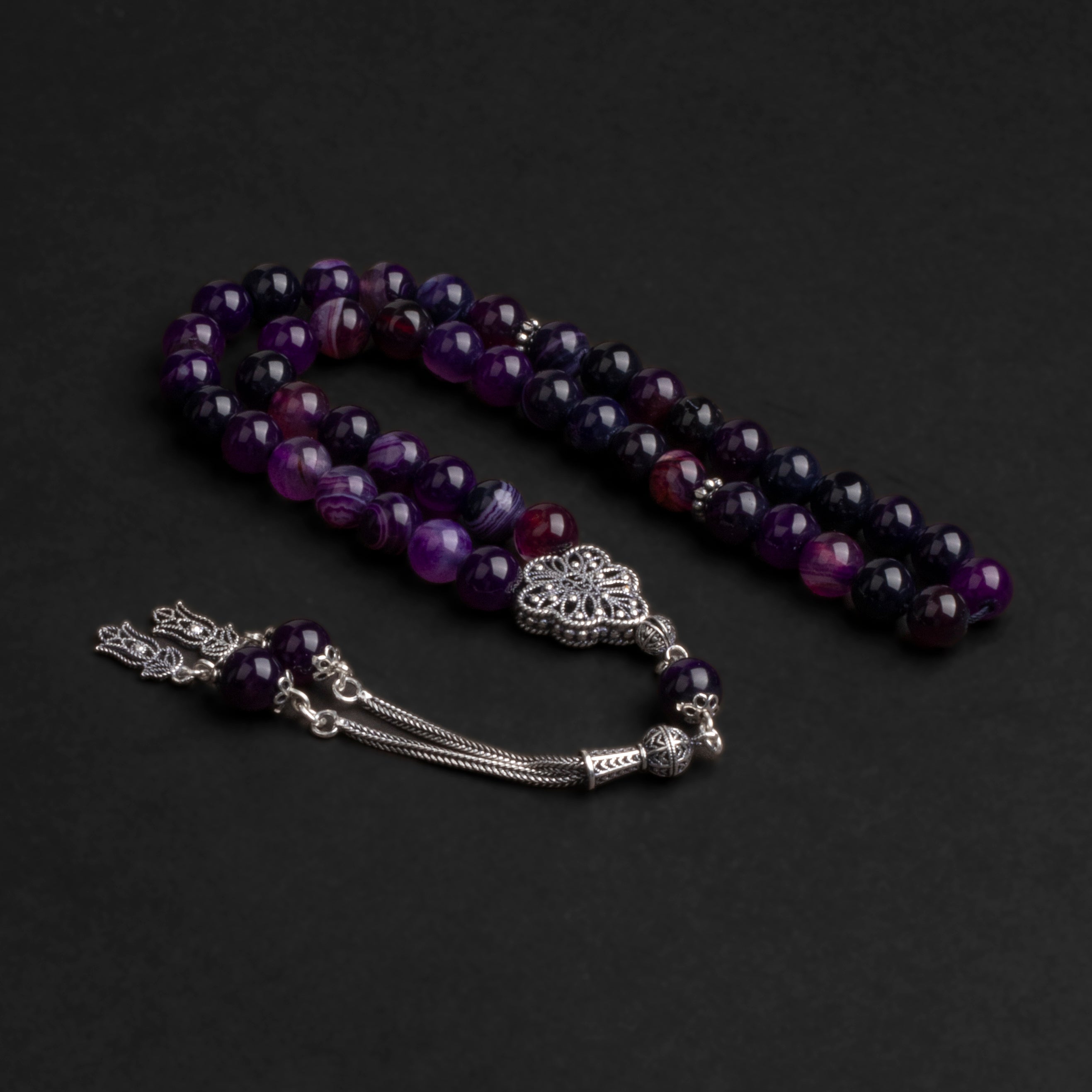 Purple Agate Prayer Beads with Silver Tassel (8mm)