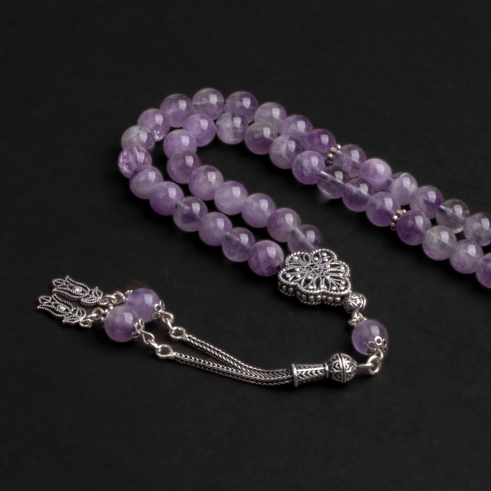 Purple Amethyst Prayer Beads with Silver Tassel (8mm)