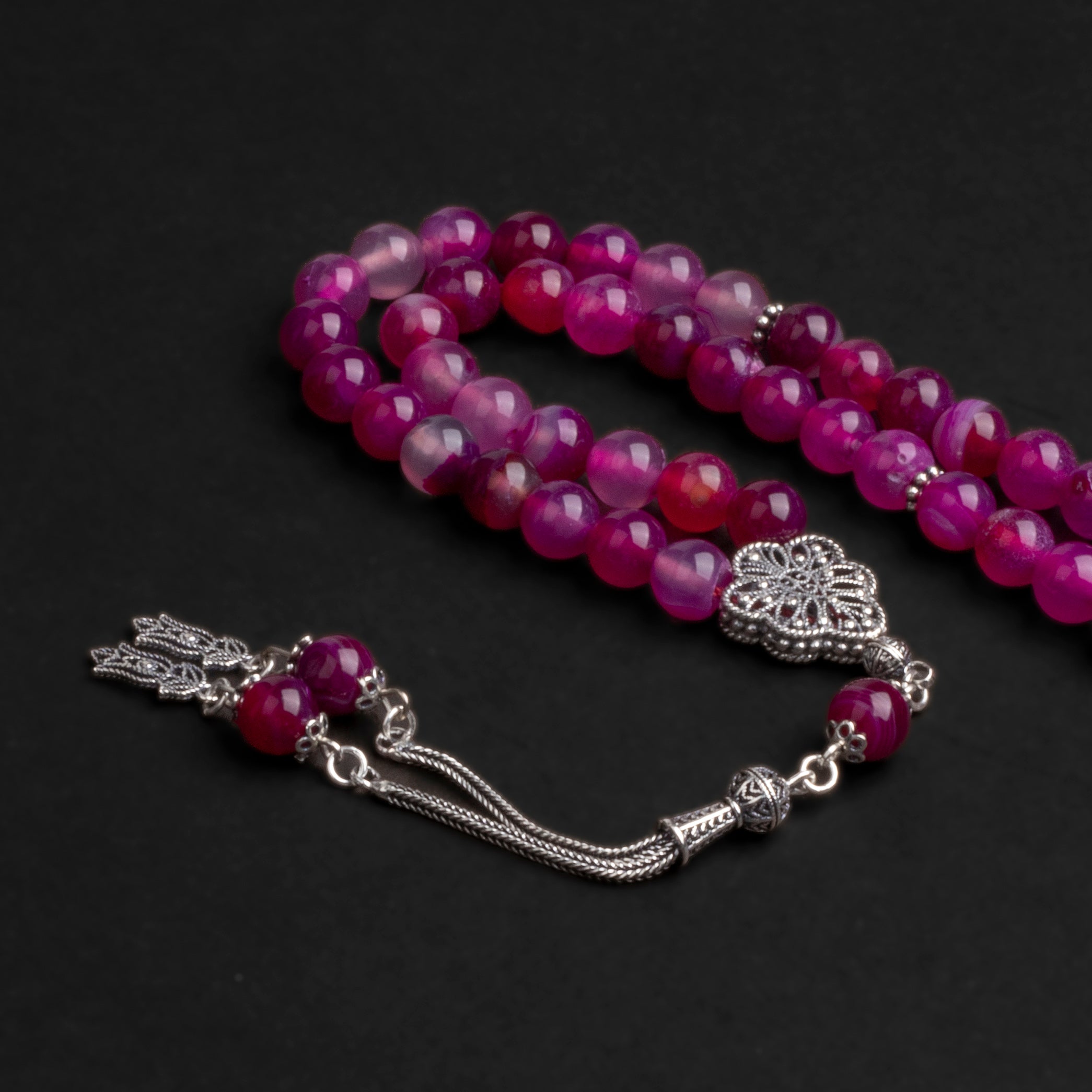 Pink Agate Prayer Beads with Silver Tassel (8mm)
