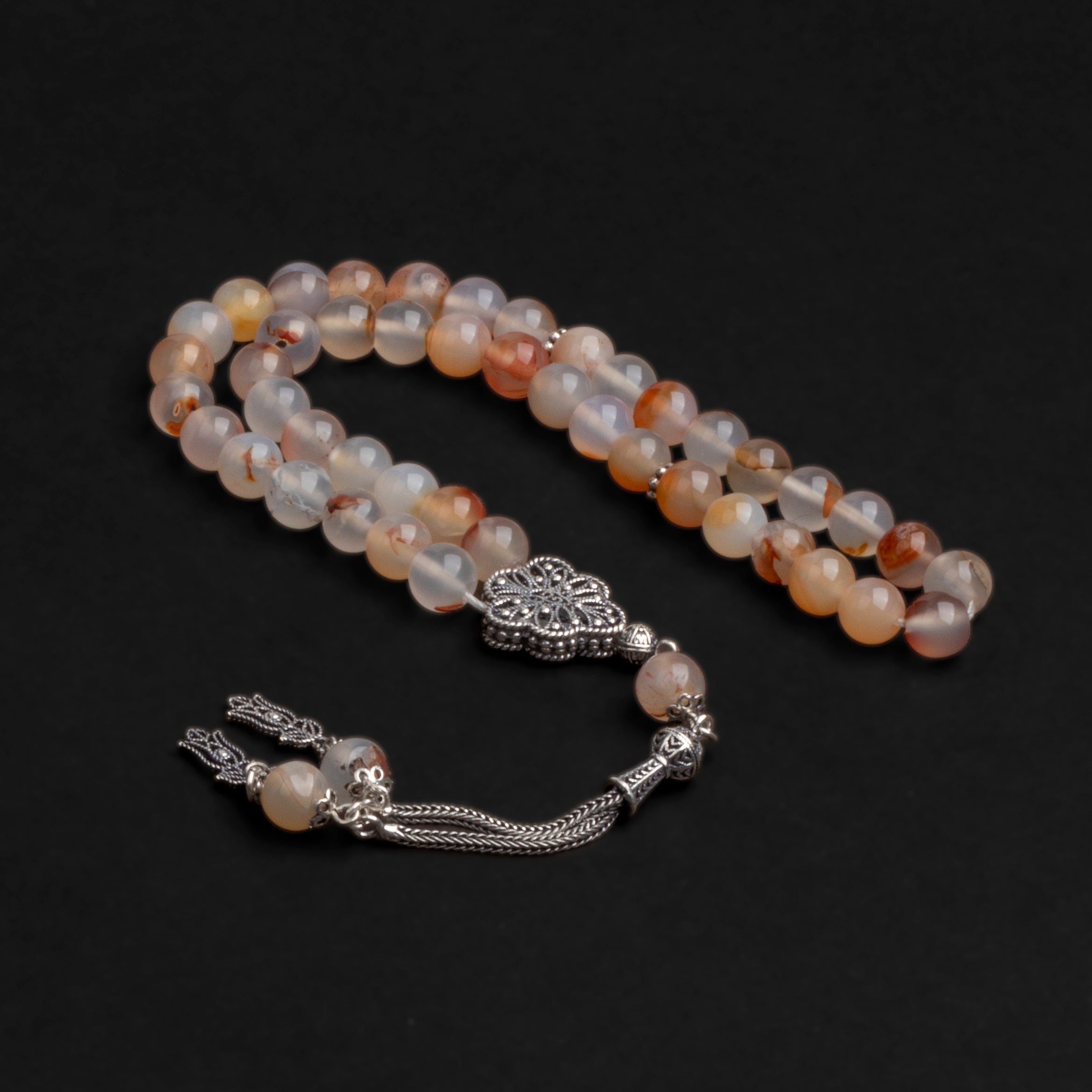 Yemeni Agate Prayer Beads with Silver Tassel (8mm)