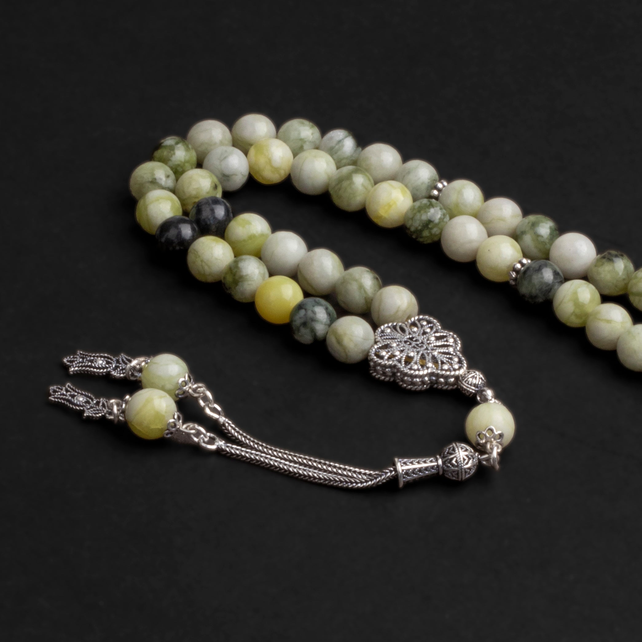 Peridot Green & Yellow Prayer Beads with Silver Tassel (8mm)