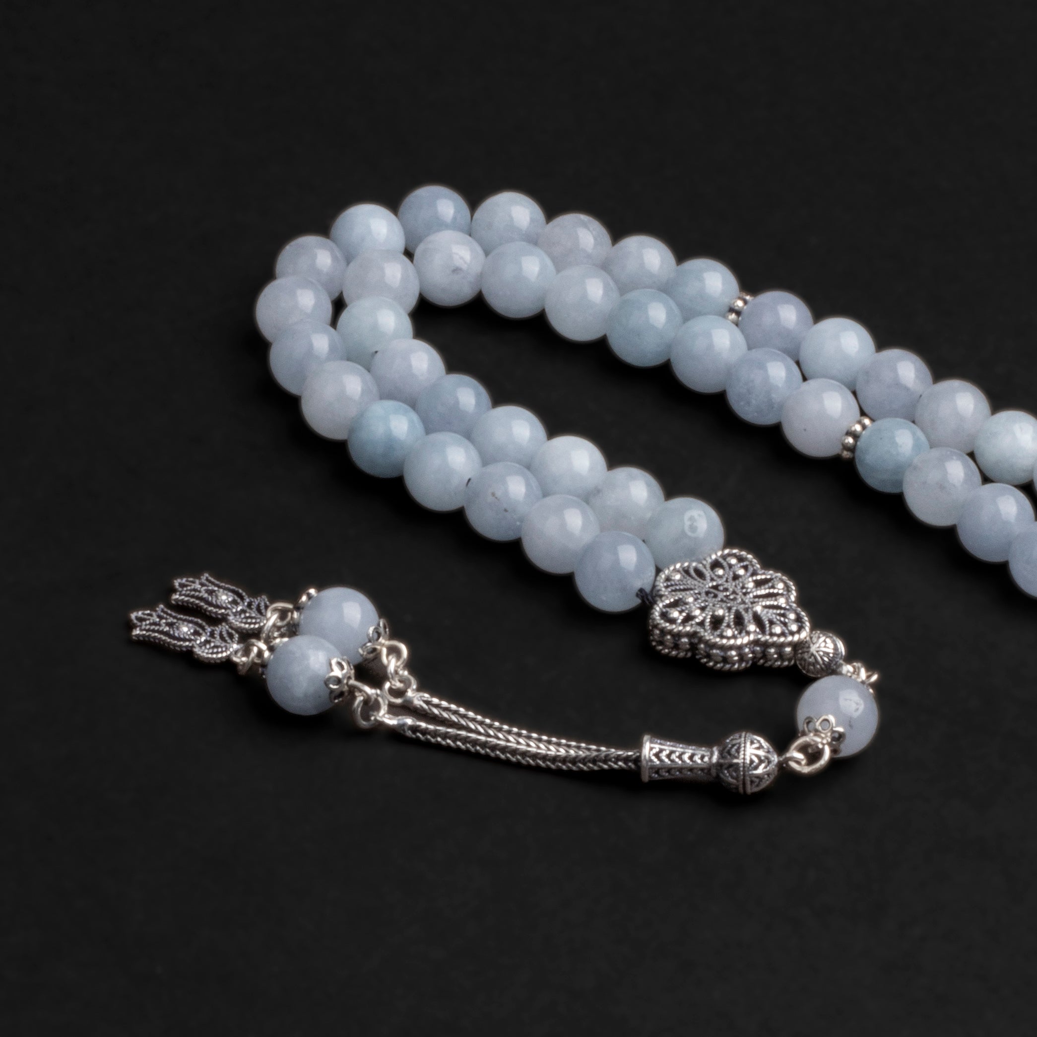 Blue Quartz Prayer Beads with Silver Tassel (8mm)