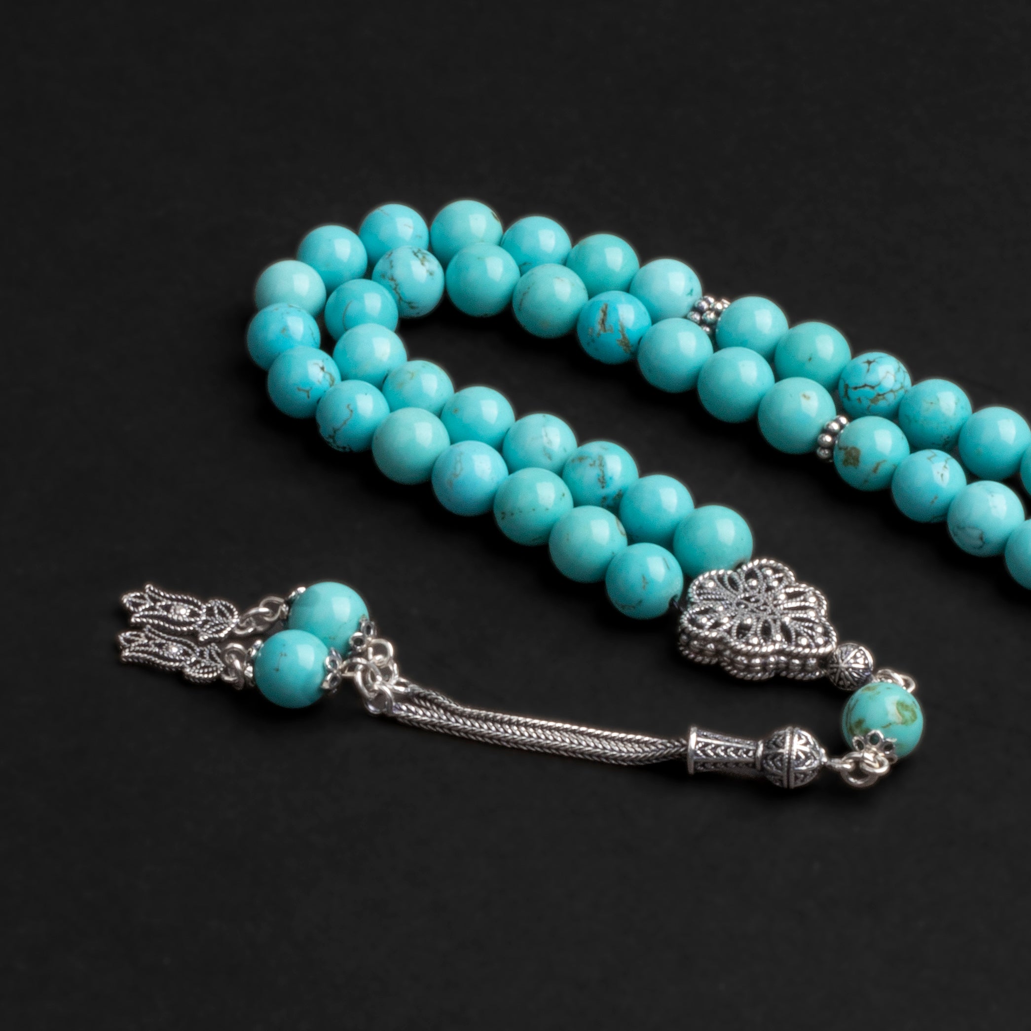 Turquoise Prayer Beads with Silver Tassel (8mm)