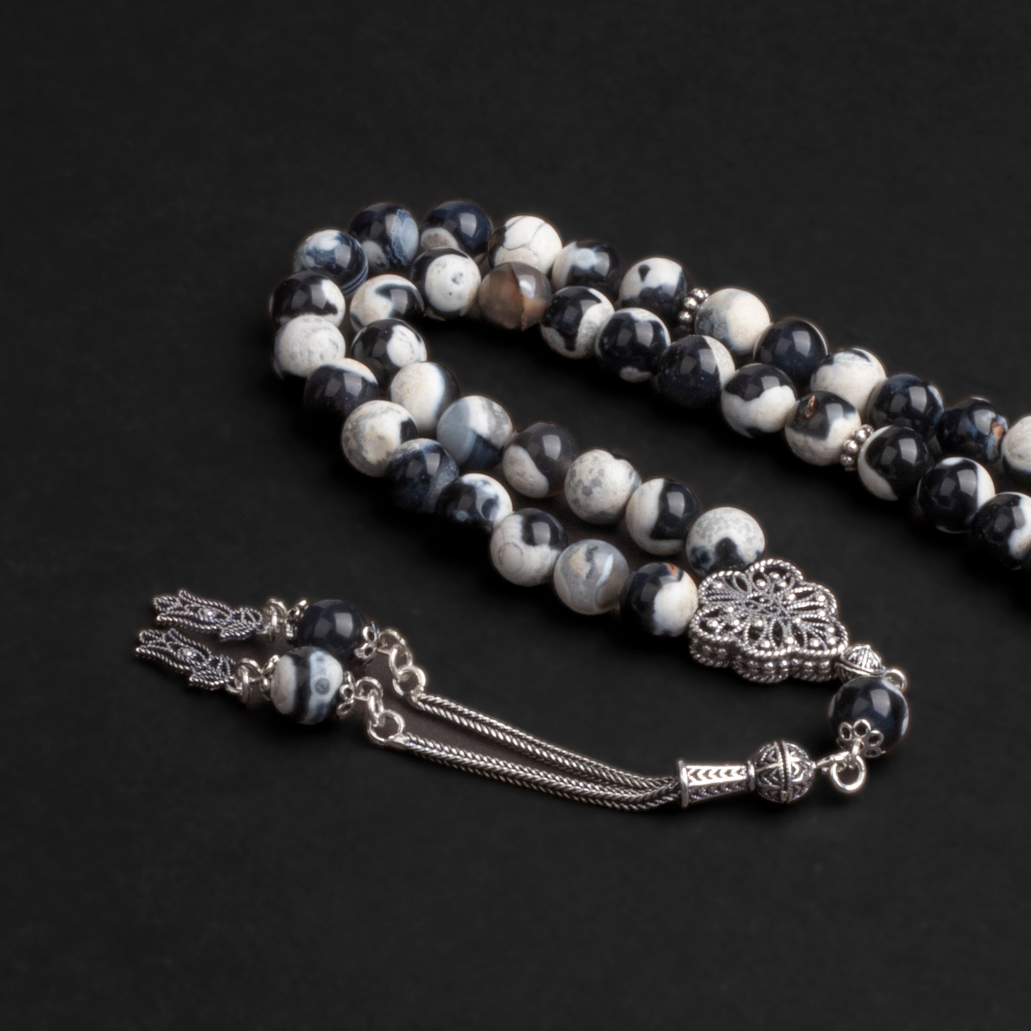 Black & White Agate Prayer Beads with Silver Tassel (8mm)