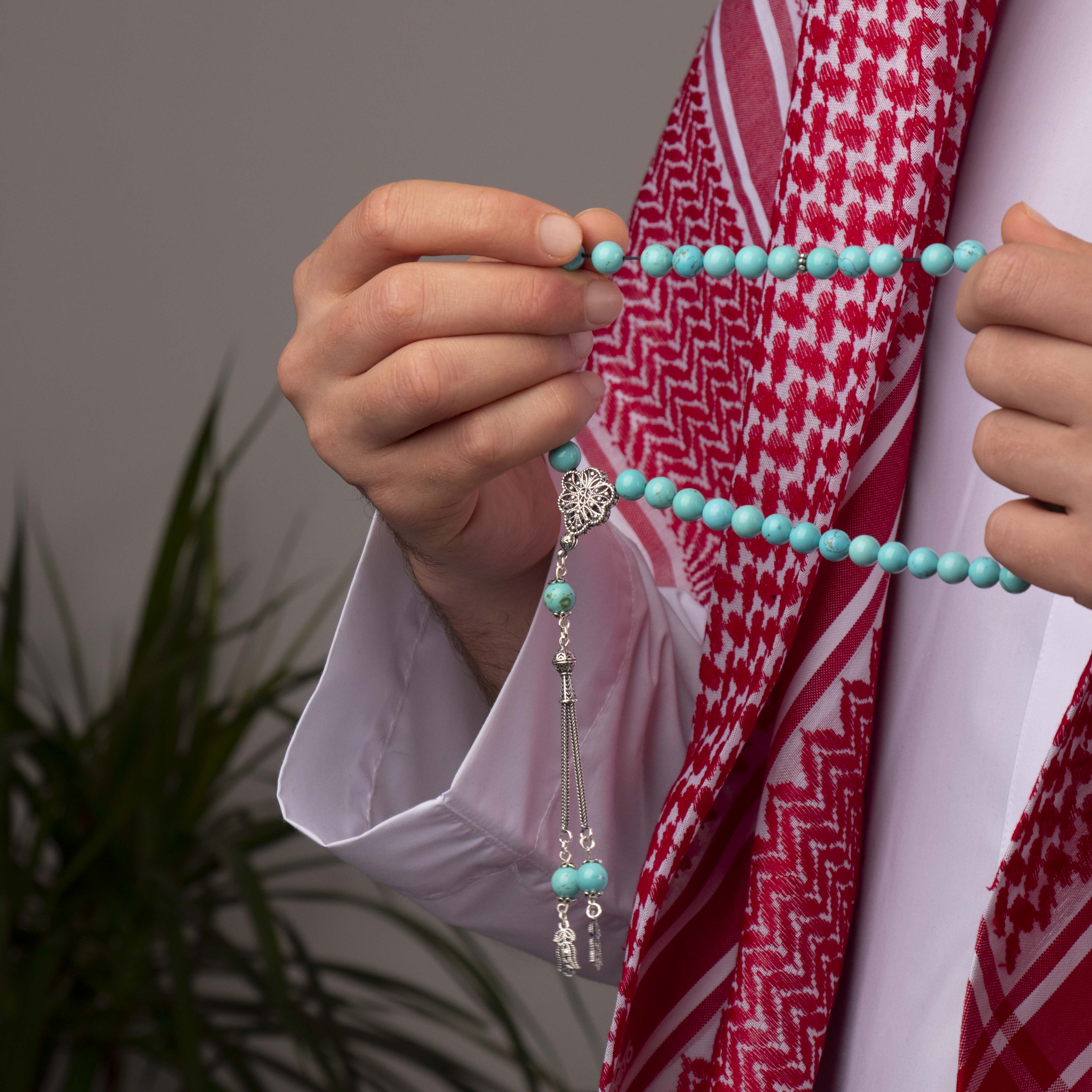 Turquoise Prayer Beads with Silver Tassel (8mm)