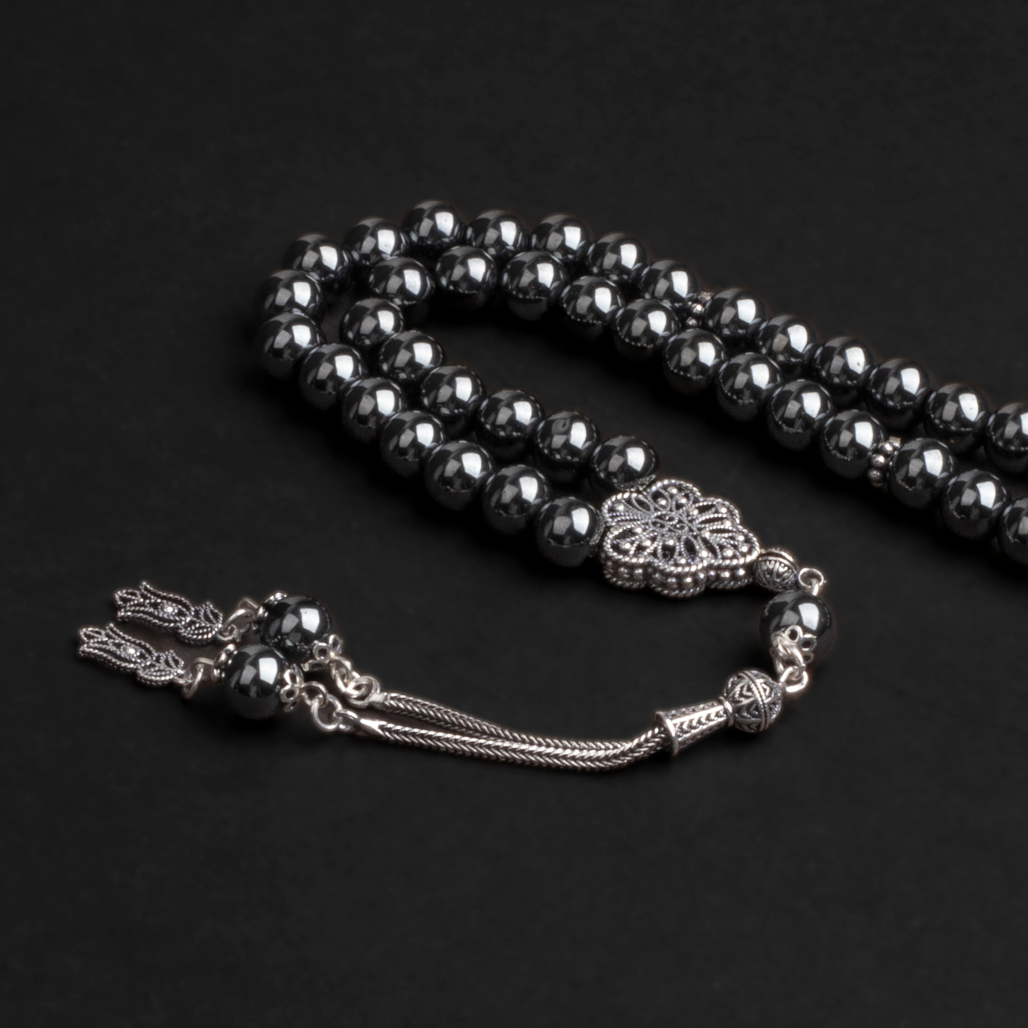 Hematite Prayer Beads with Silver Tassel (8mm)
