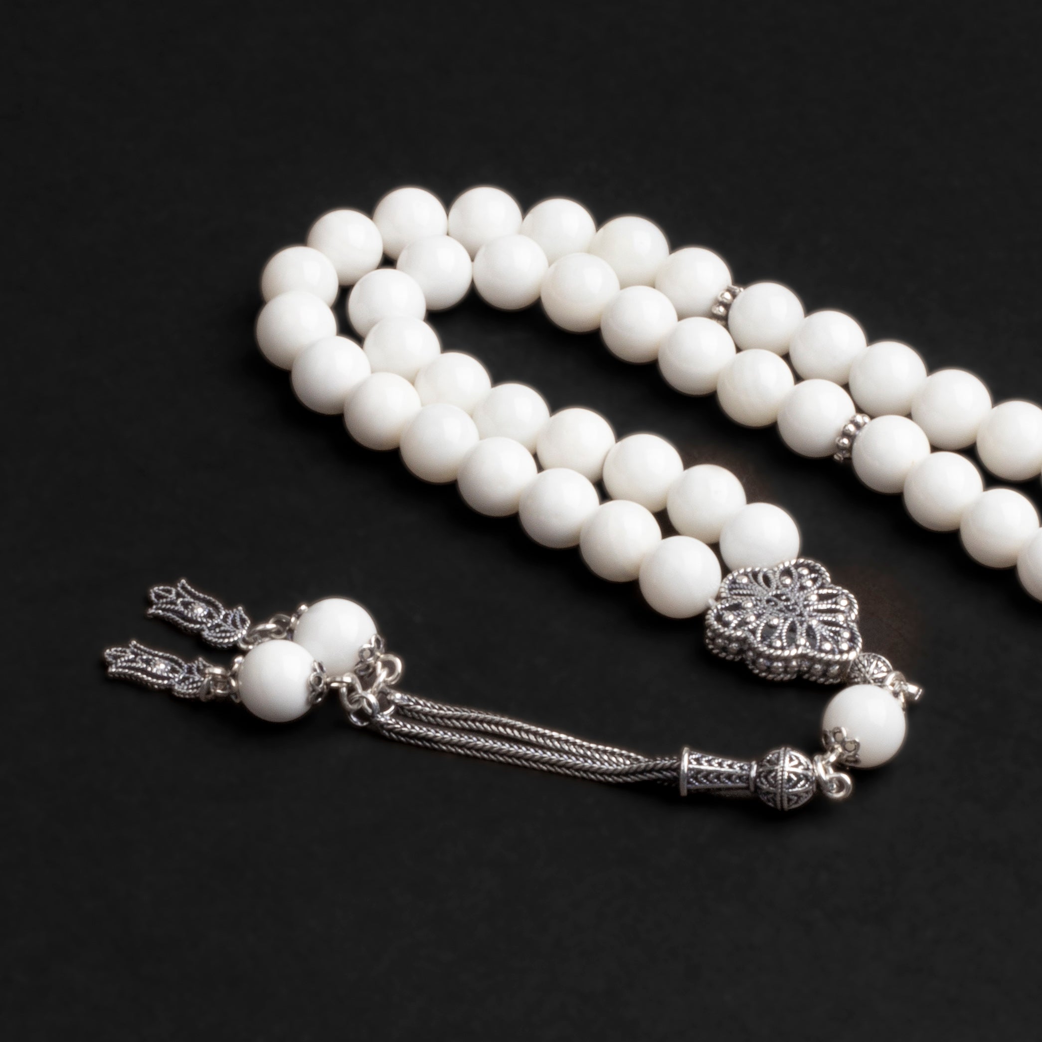 Pearl Prayer Beads with Silver Tassel (8mm)
