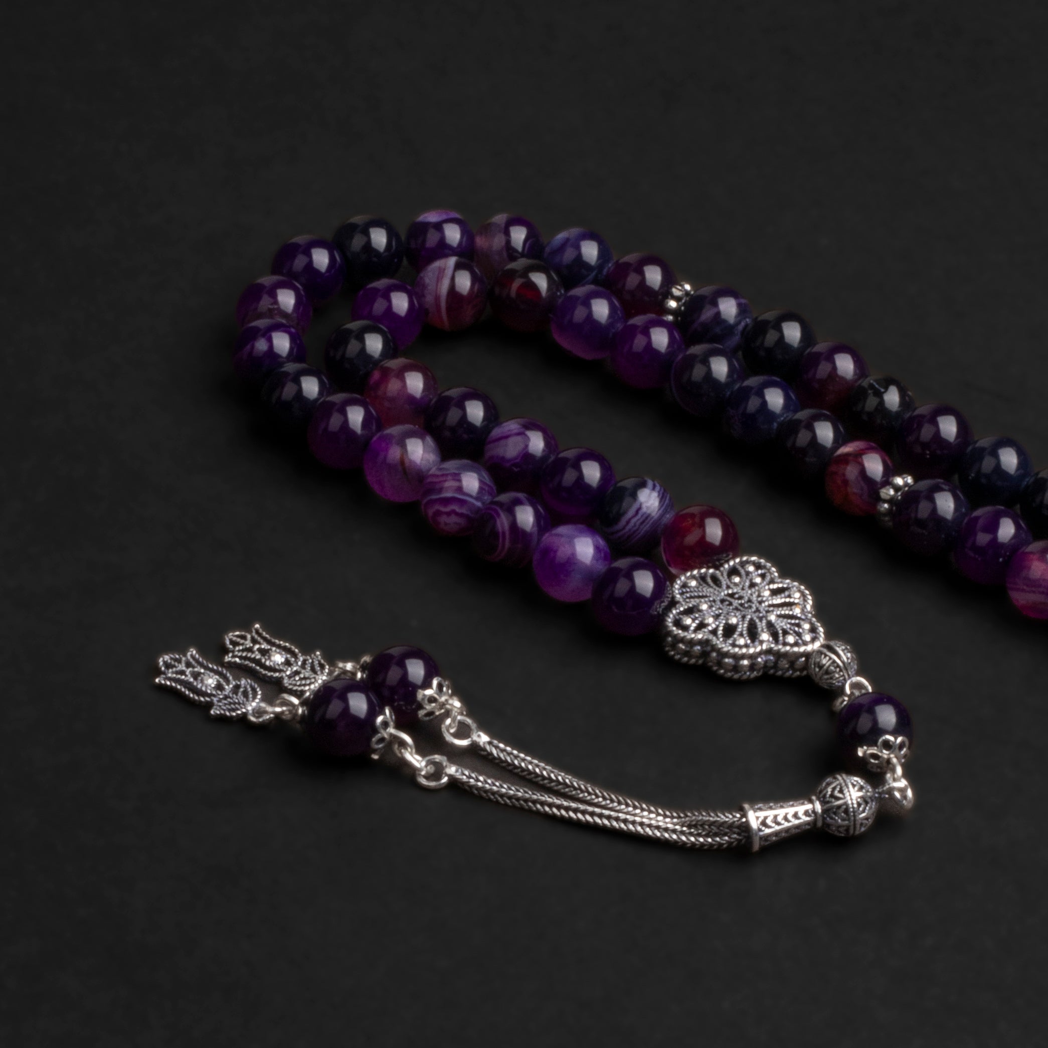 Purple Agate Prayer Beads with Silver Tassel (8mm)