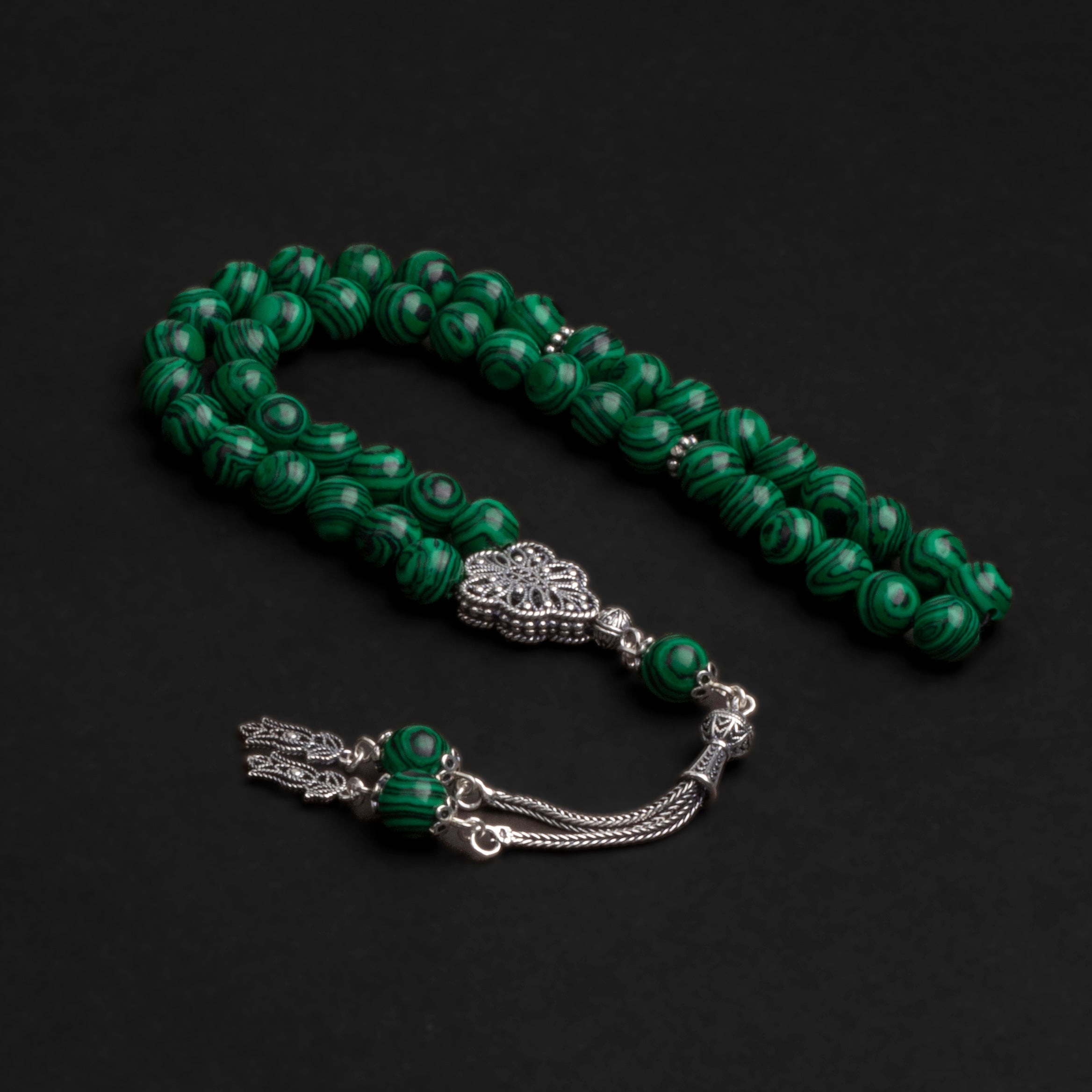 Malachite Green Prayer Beads with Silver Tassel (8mm)