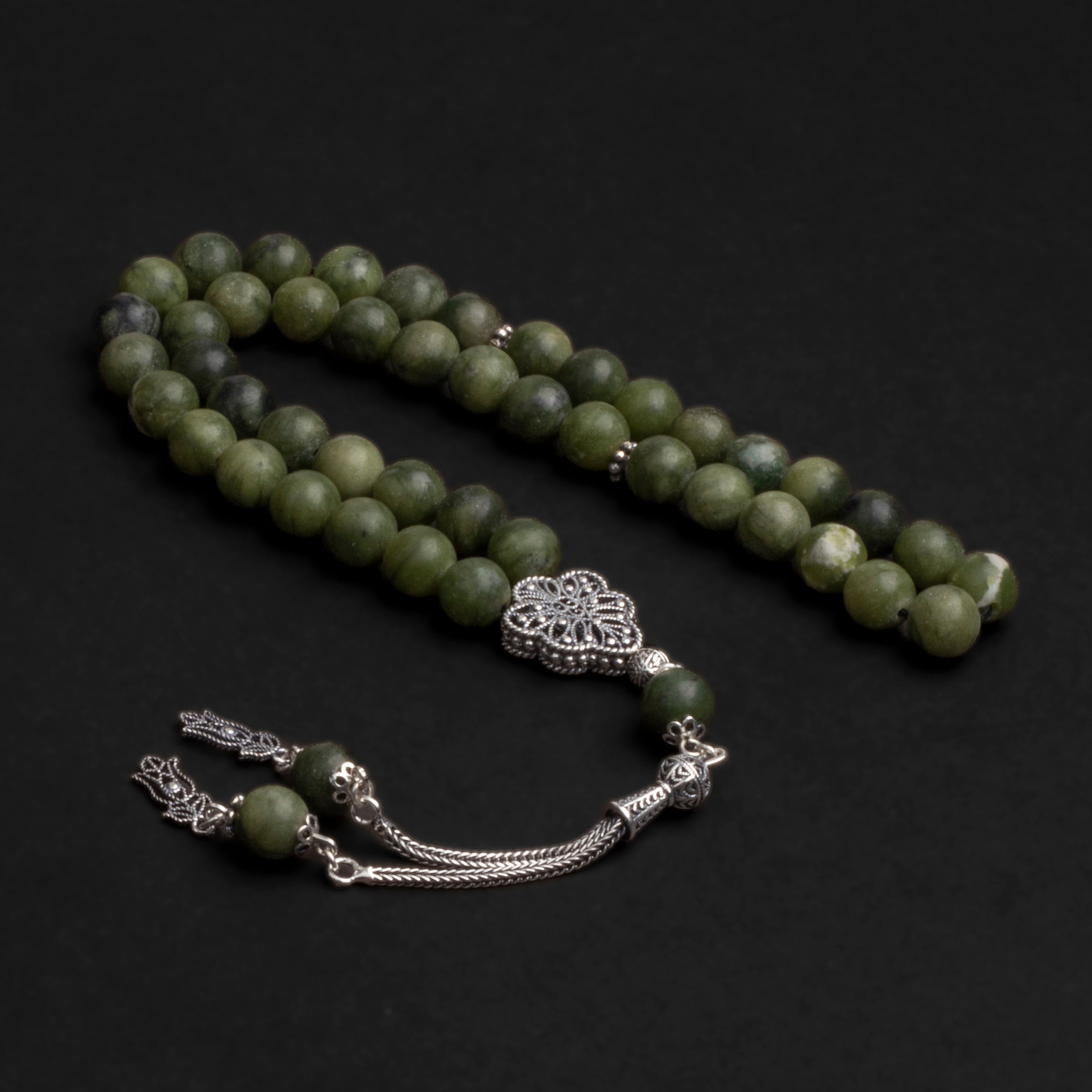 Green Jade Prayer Beads with Silver Tassel (8mm)