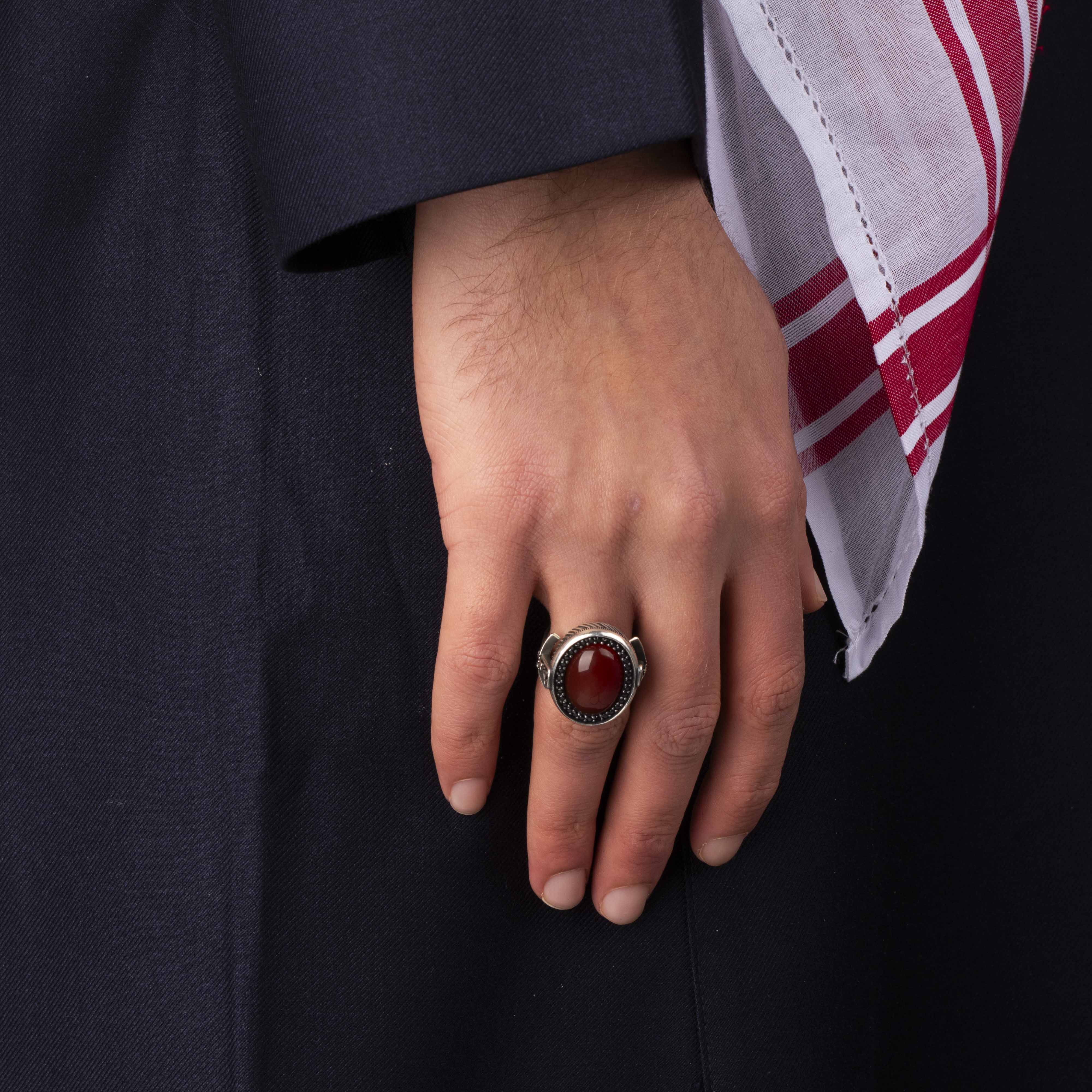 Sterling Silver Men's Ring with Red Agate Stone