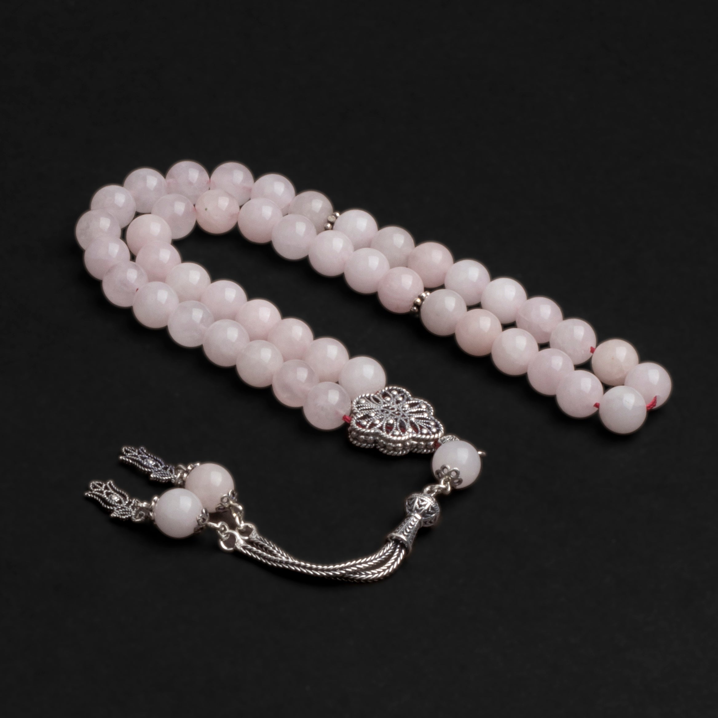 Light Pink Quartz Prayer Beads with Silver Tassel (8mm)
