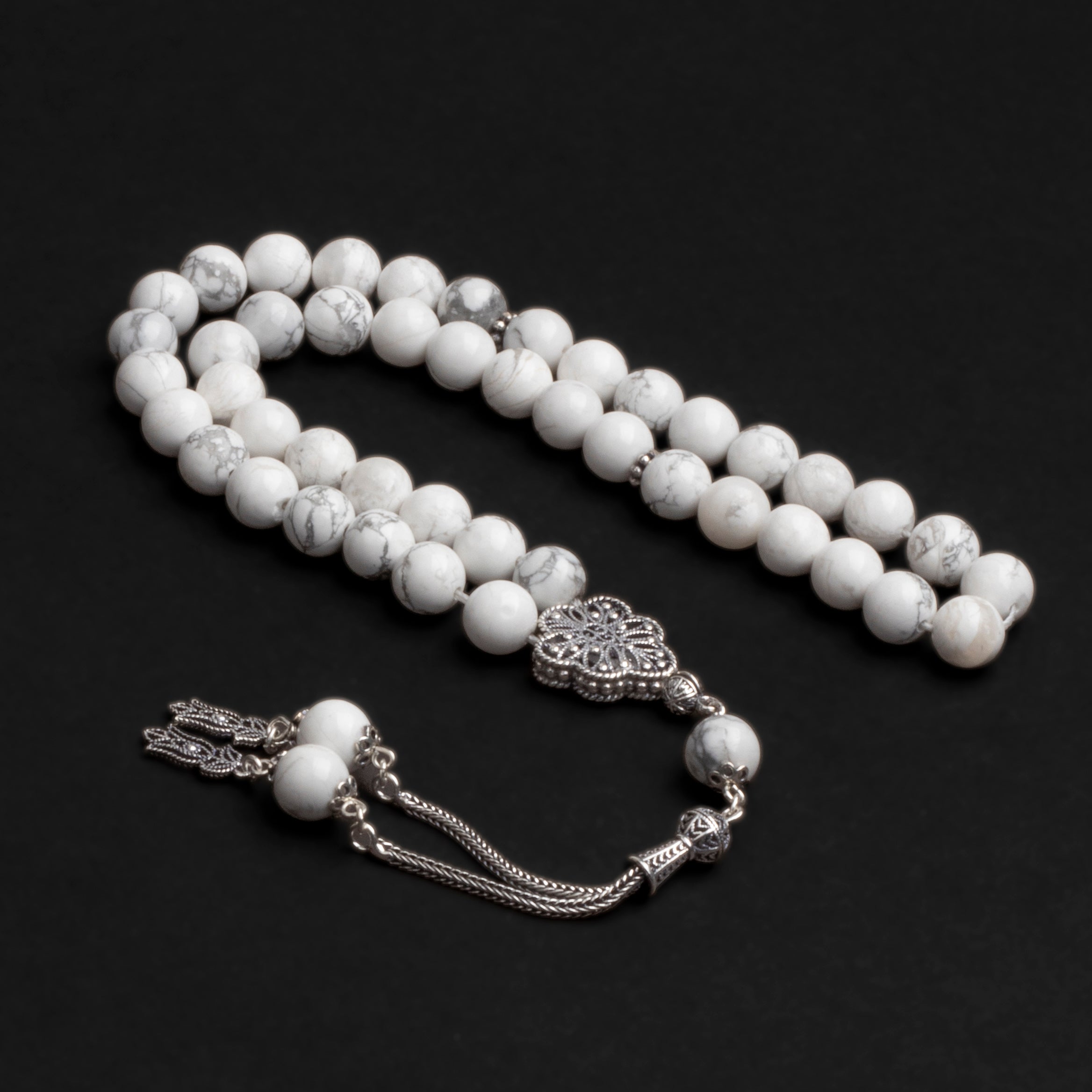 Howlite Stone Prayer Beads with Silver Tassel (8mm)