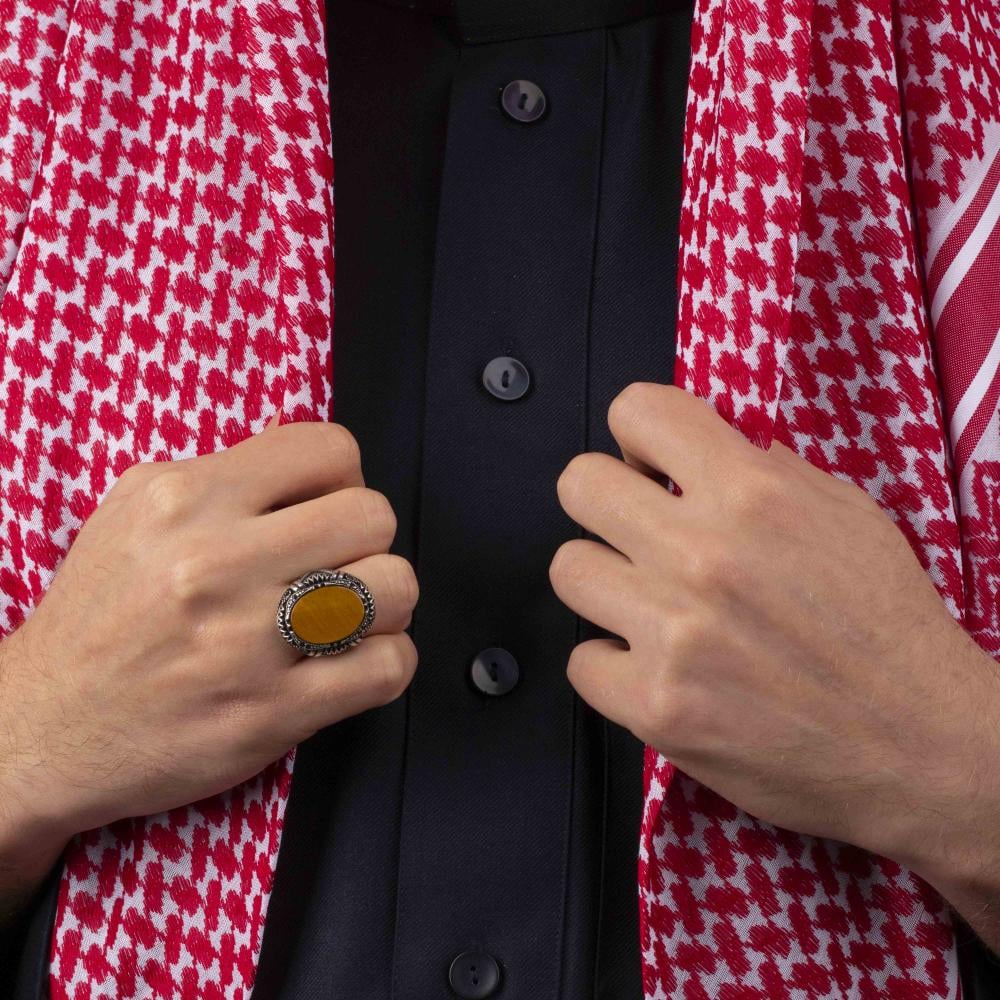 Men's Silver Ring with Tiger's Eye - Bold Geometric Details