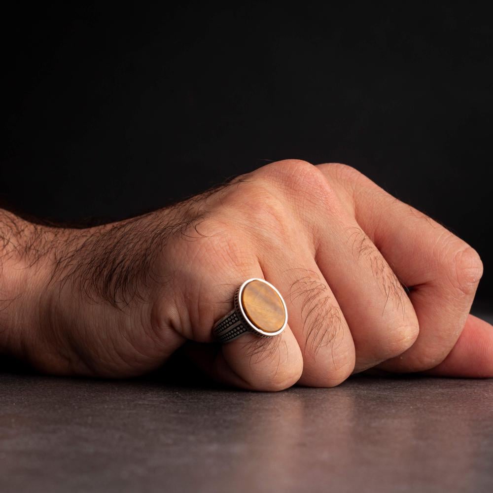 Men's Silver Ring with Tiger's Eye - Classic Minimalist Design