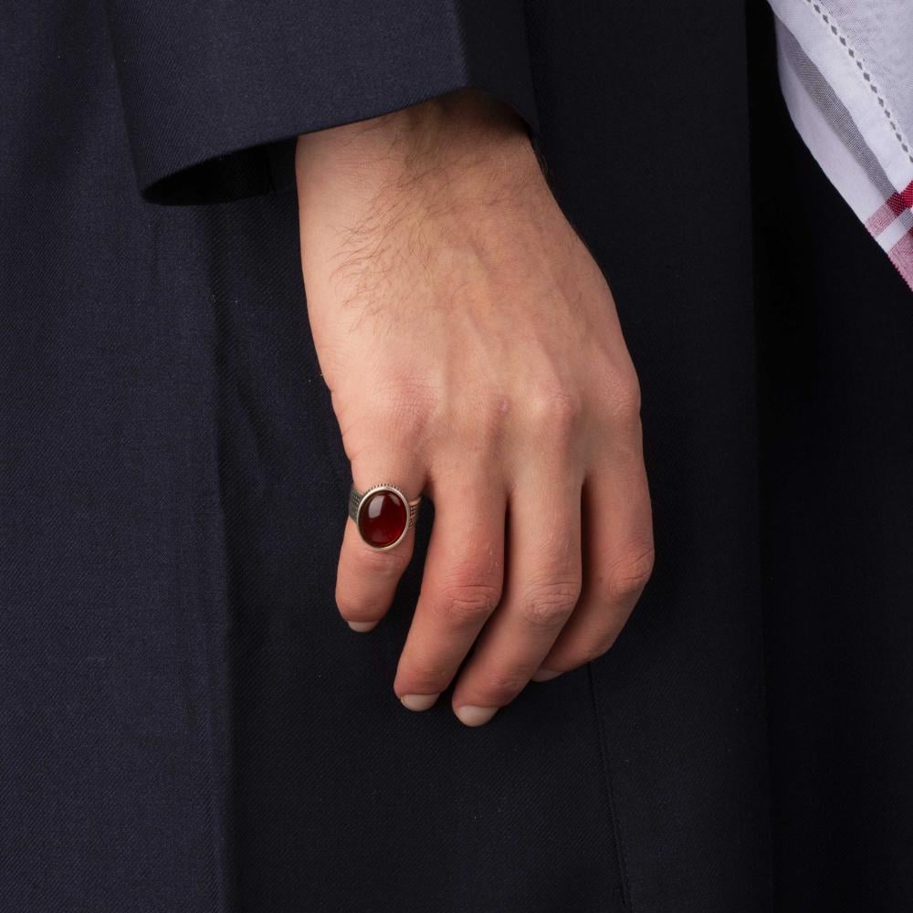 Men's Silver Ring with Red Agate - Circular Engravings