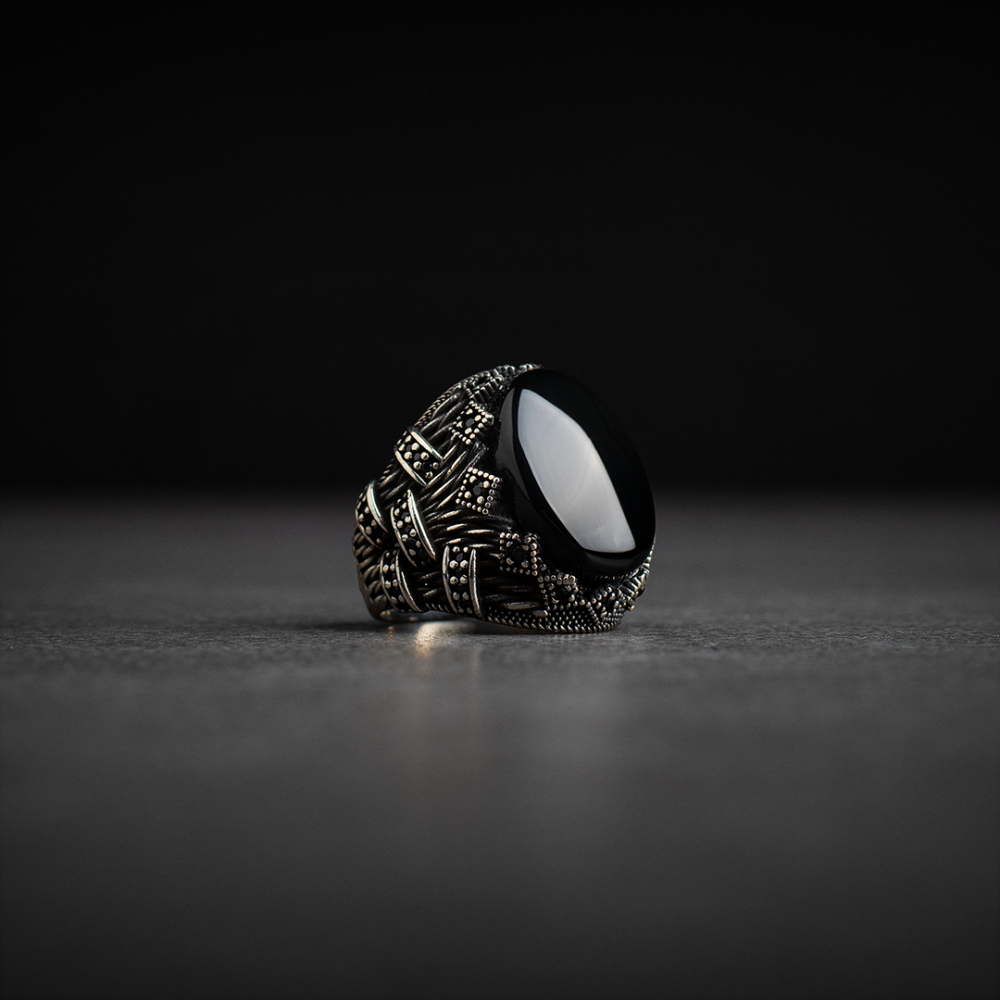 خاتم فضة رجالي 925 مزين بحجر Black Onyx