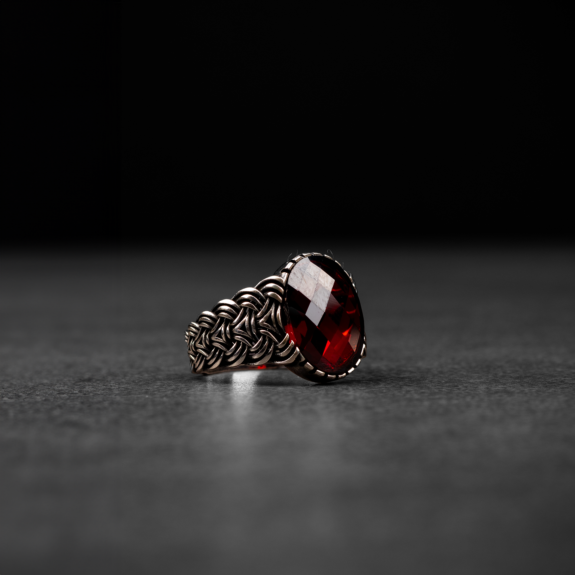 Sterling Silver Men's Ring with Red Zircon Stone