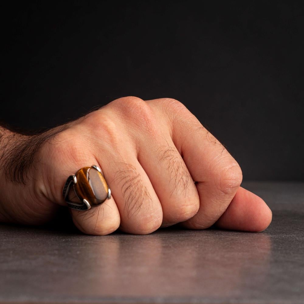 Men's Silver Ring with Tiger's Eye - Elegant Design