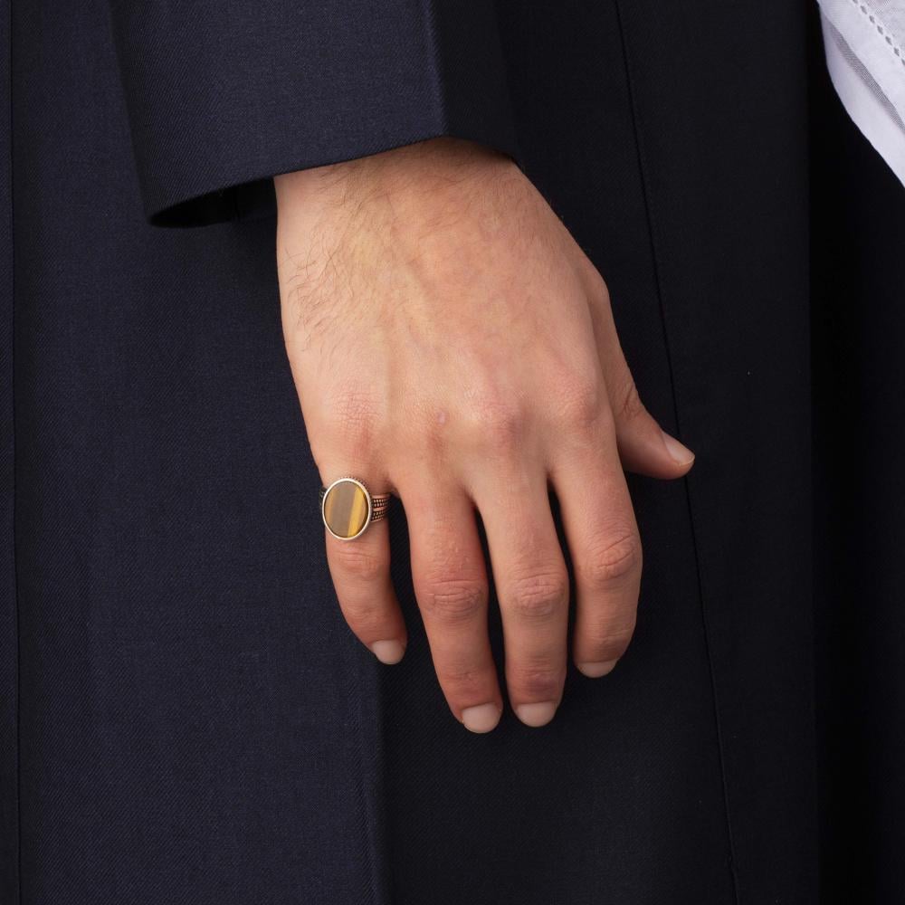 Men's Silver Ring with Tiger's Eye - Classic Minimalist Design