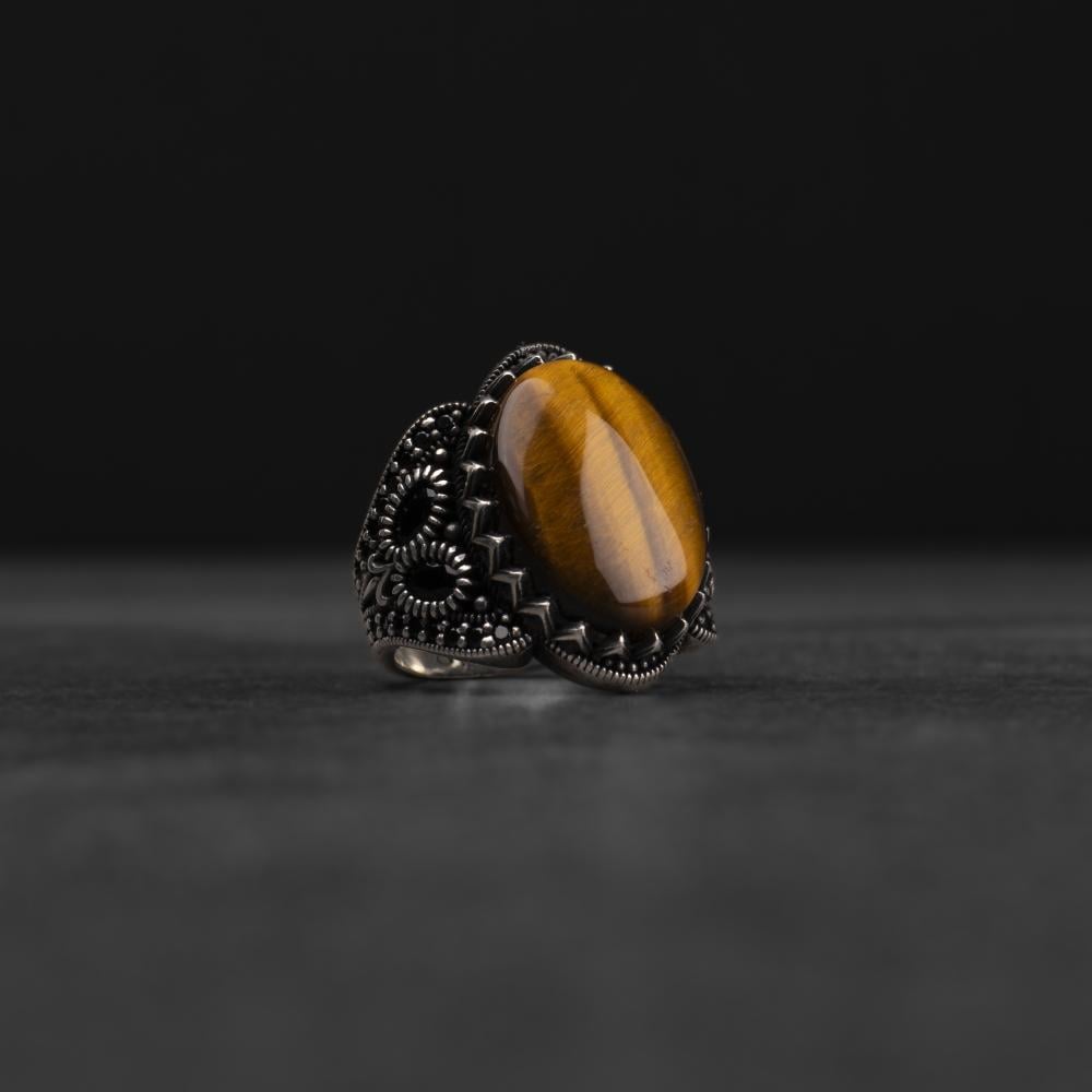 Men's Silver Ring with Tiger's Eye - Ornate Design