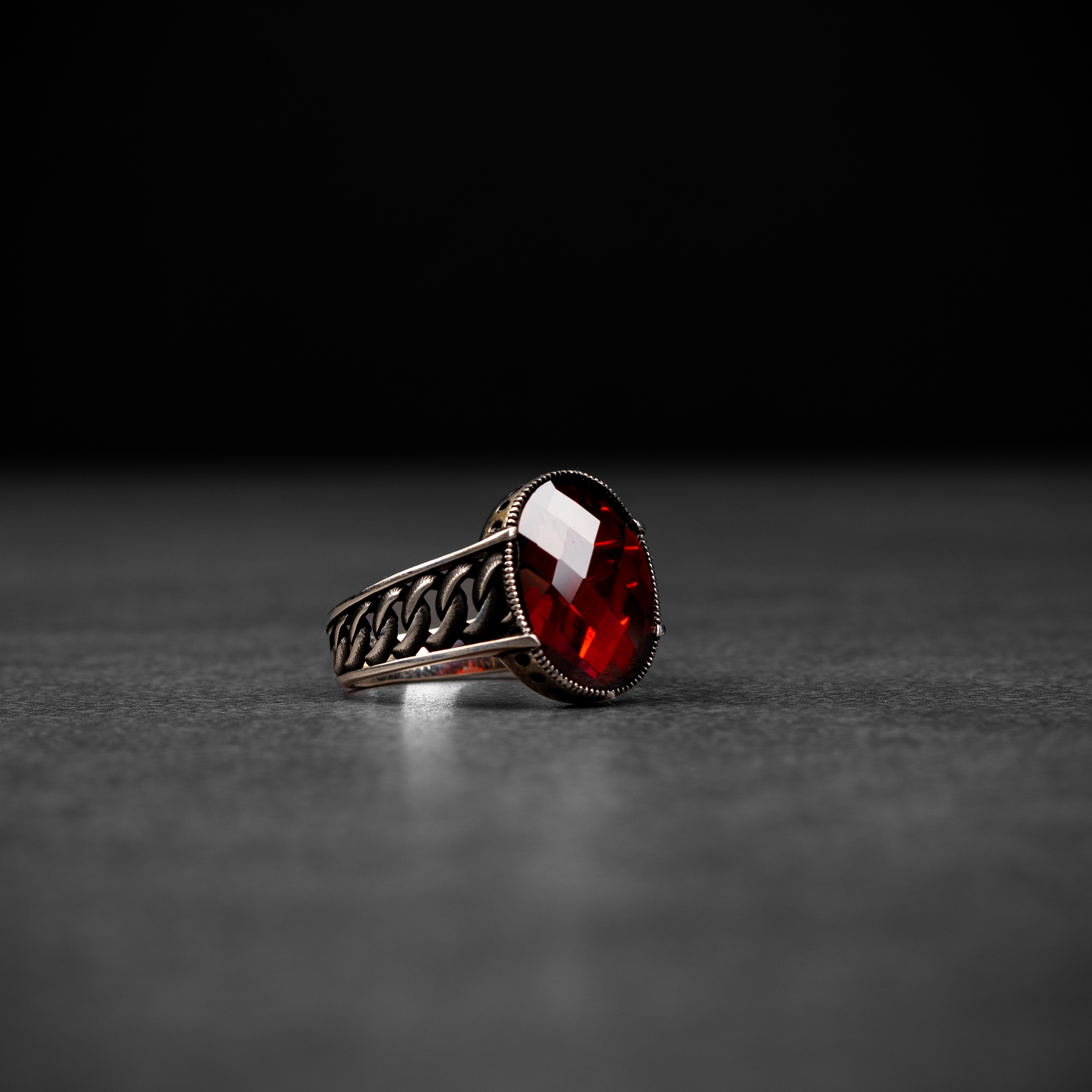 Sterling Silver Men's Ring with Red Zircon Stone