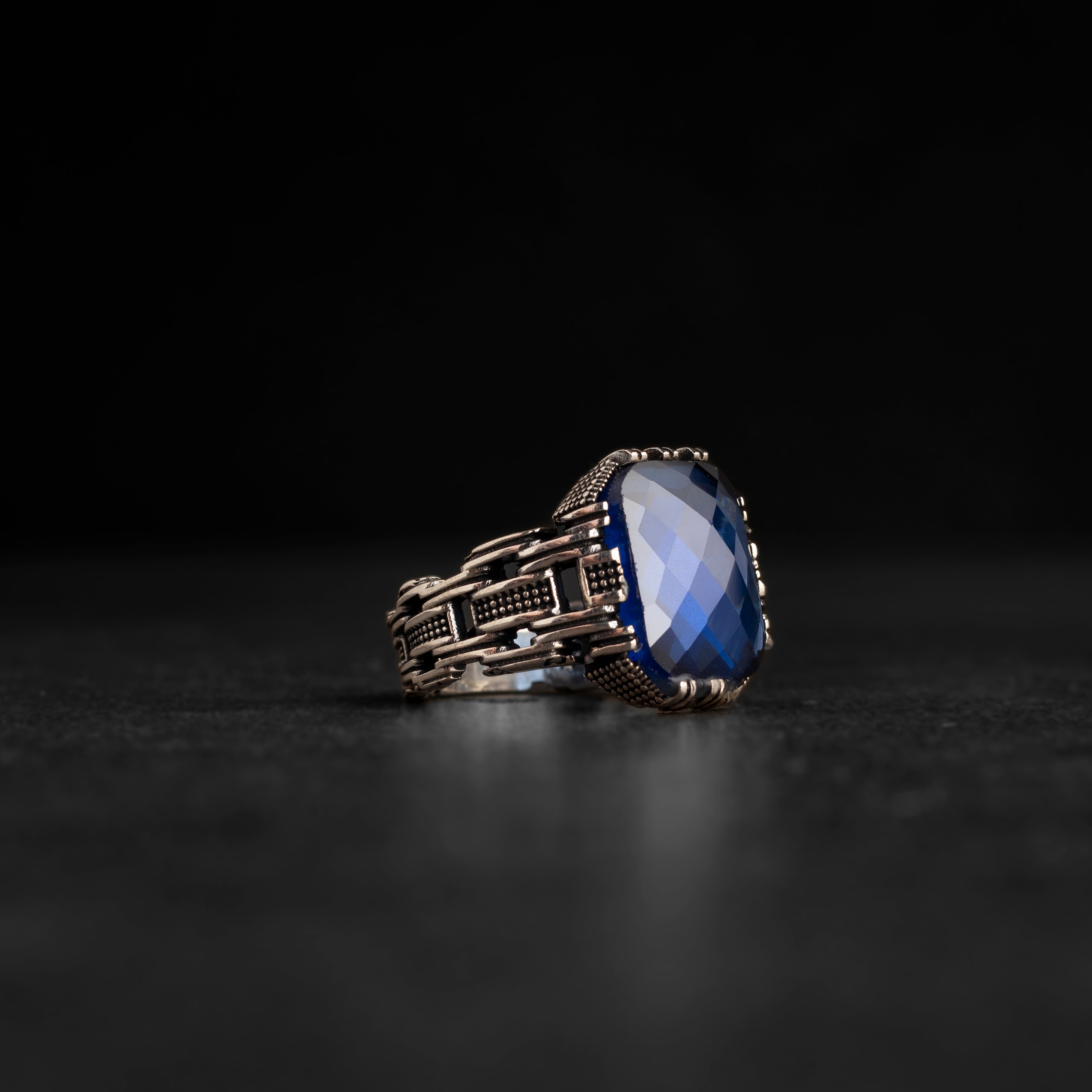 Sterling Silver Men's Ring with Blue Zircon Stone