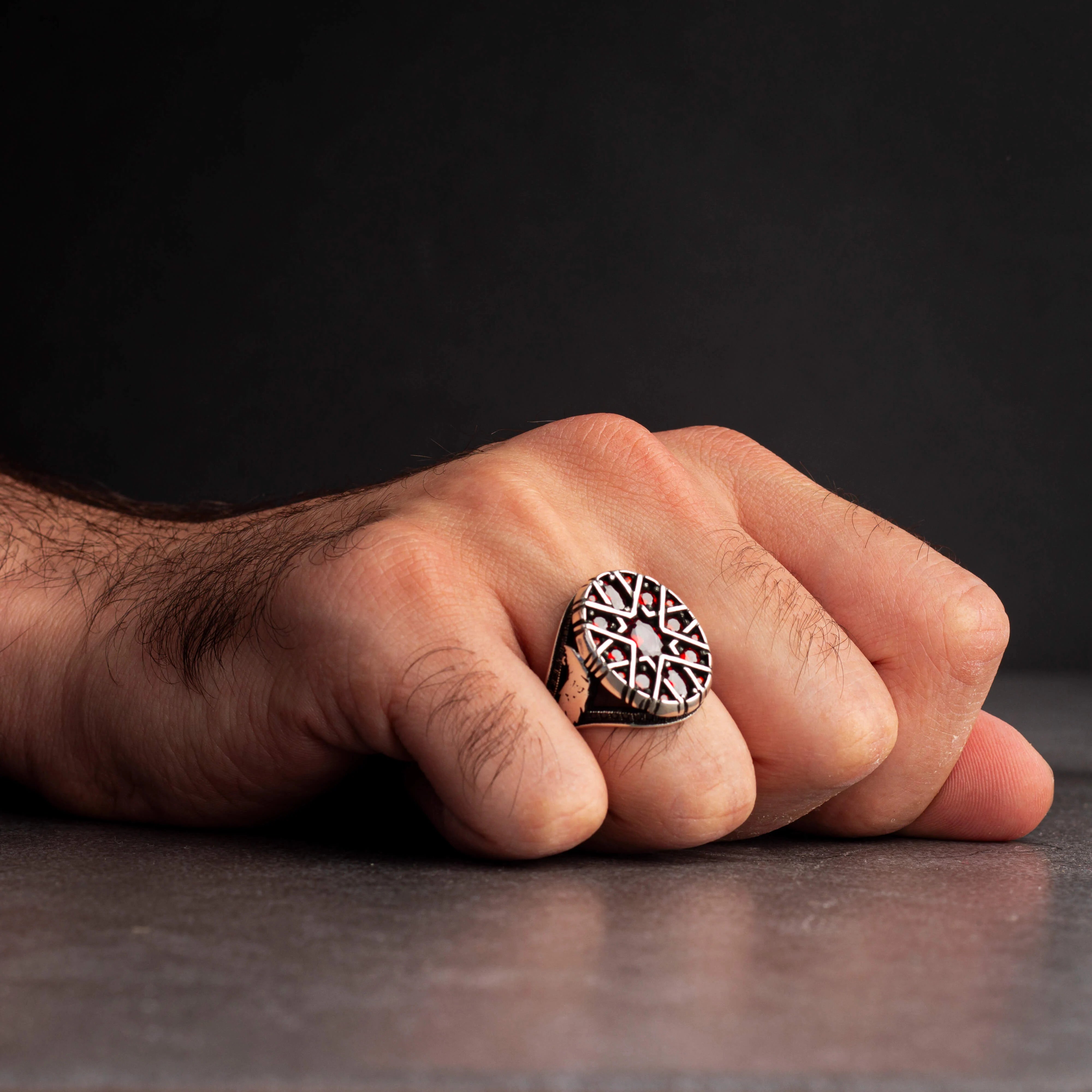 Sterling Silver Men's Ring with Red Zircon Stone