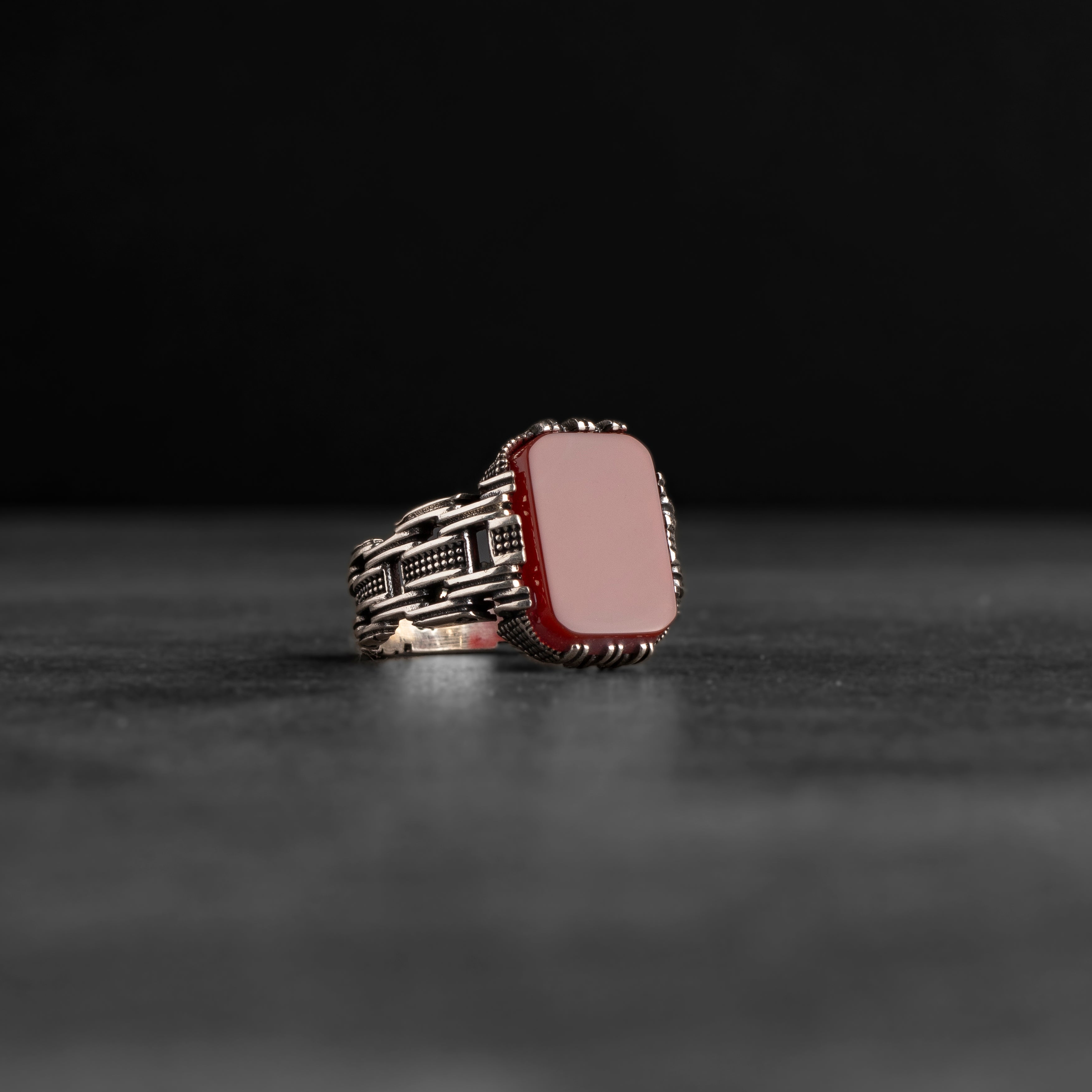 Men’s Sterling Silver Ring with Red Agate Stone and Chain Design