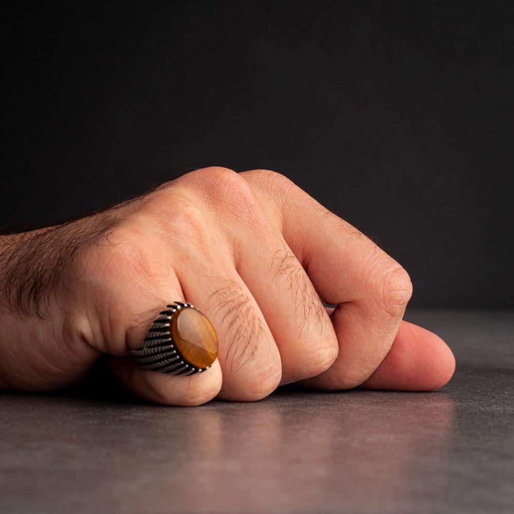 Men's Silver Ring with Tiger's Eye - Elegant Linear Design