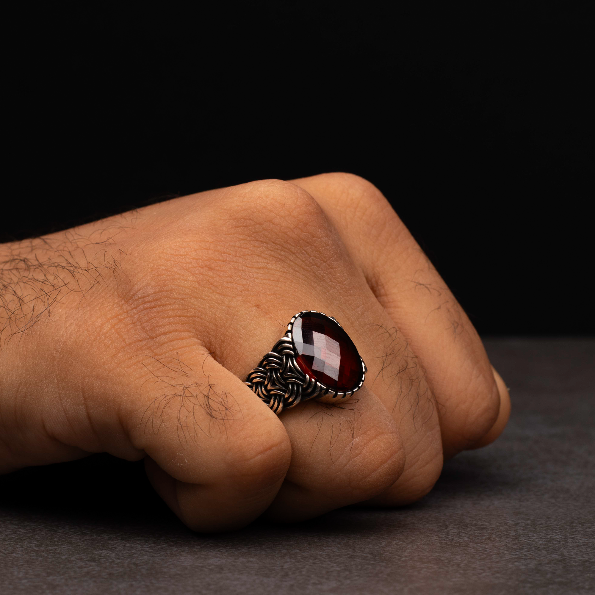Sterling Silver Men's Ring with Red Zircon Stone