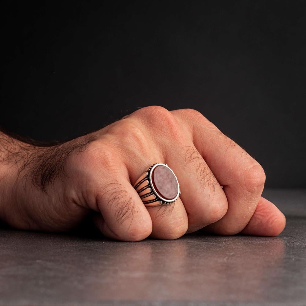 Men's Silver Ring with Red Agate - Horizontal Band Engravings