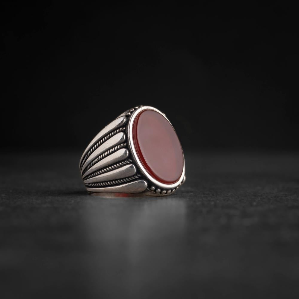 Men's Silver Ring with Red Agate - Horizontal Band Engravings