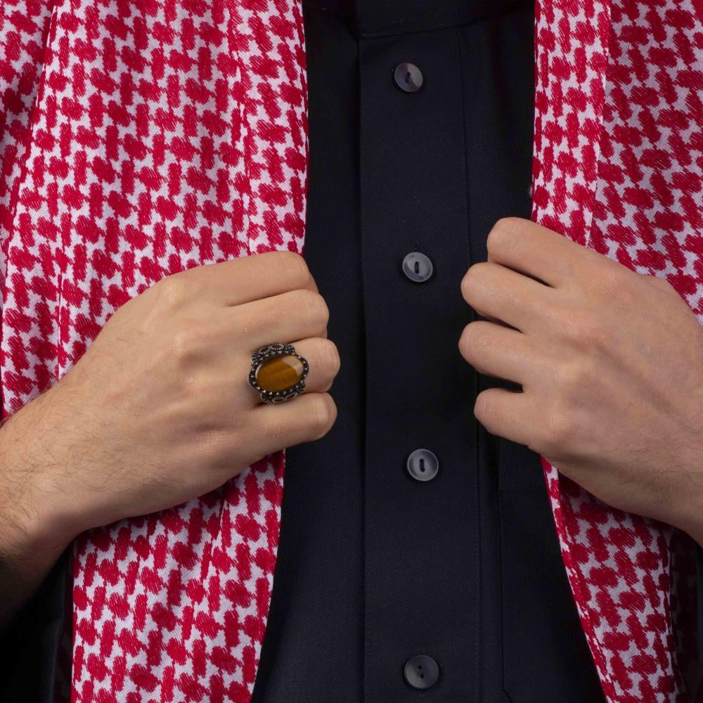 Men's Silver Ring with Tiger's Eye - Ornate Design