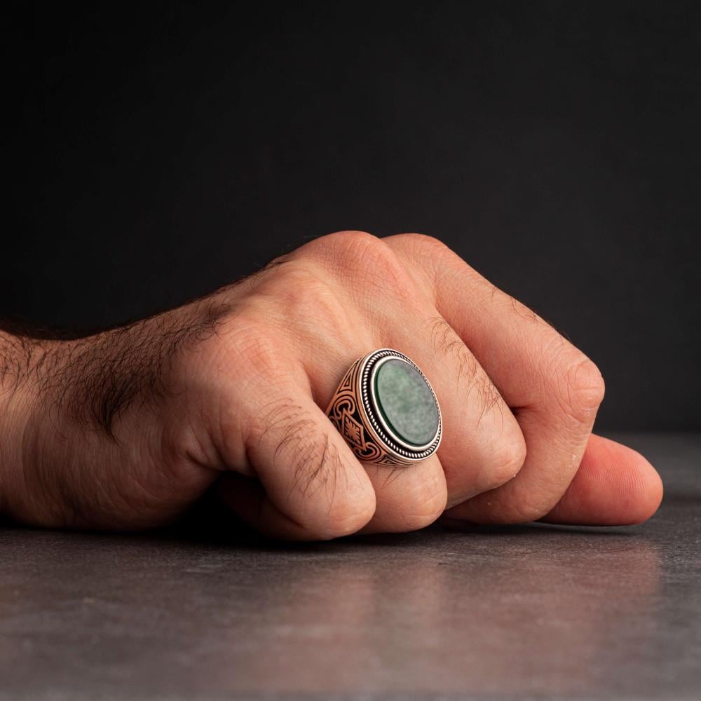 Men's Sterling Silver Ring with Green Agate