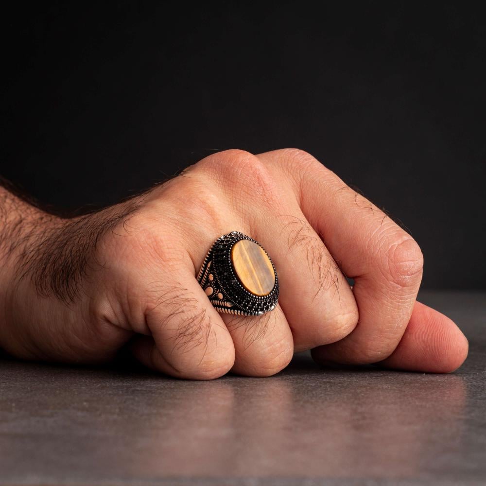 Men's Silver Ring with Tiger's Eye - Elegant Luxury Design