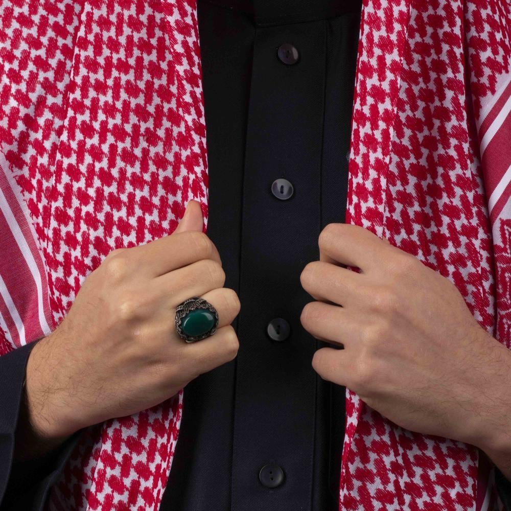خاتم رجالي فضة مزين بحجر عقيق أخضر