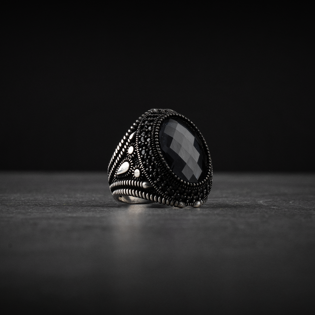 Men's Sterling Silver Ring with Black Zircon Stone