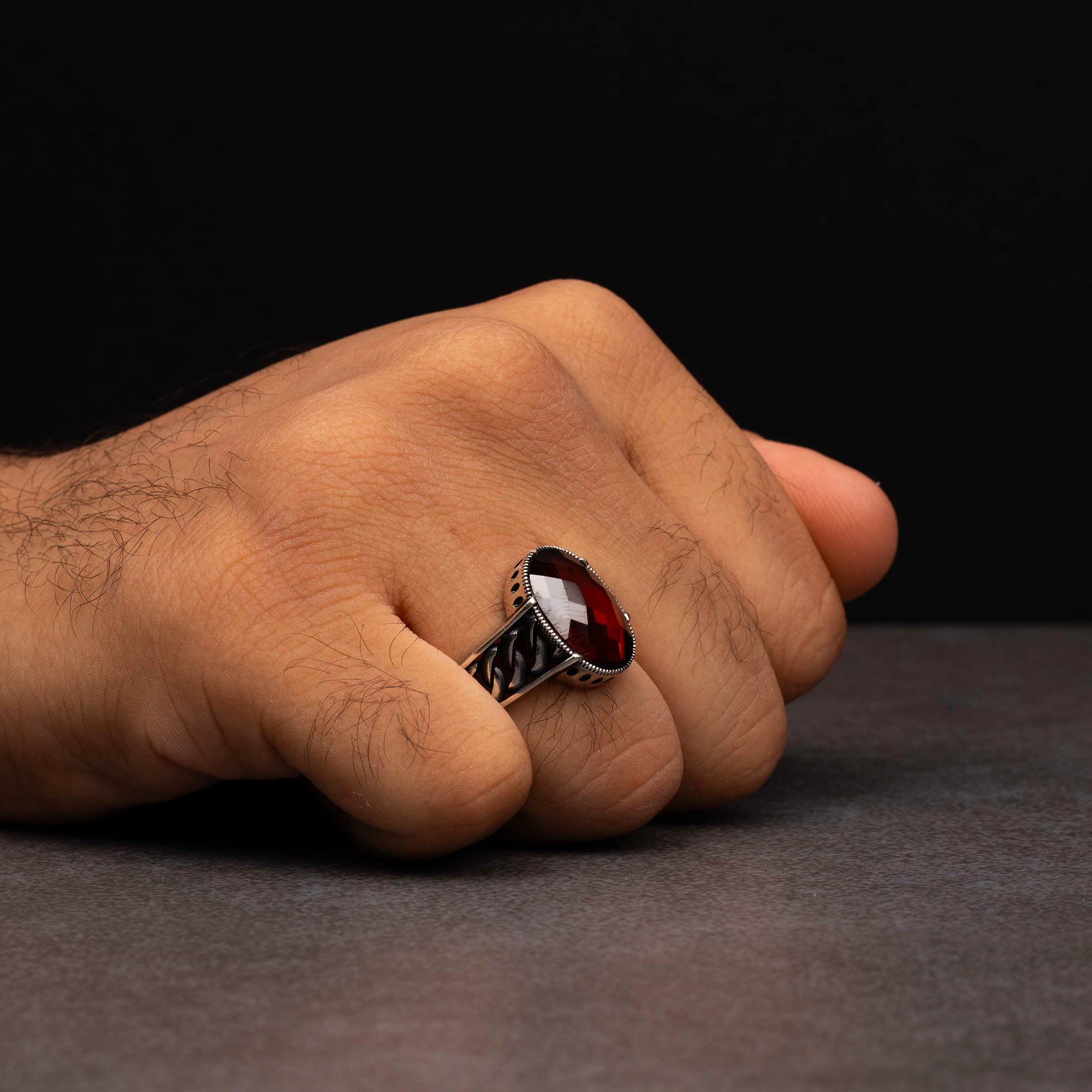 Sterling Silver Men's Ring with Red Zircon Stone