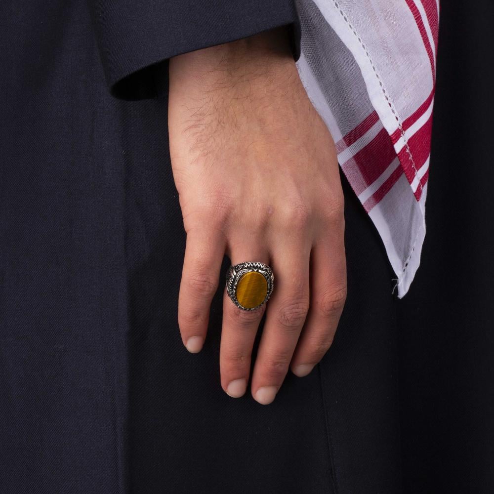 Men's Silver Ring with Tiger's Eye - Bold Geometric Details