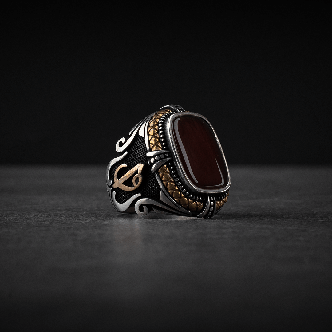 Sterling Silver Men's Ring with Red Agate Stone