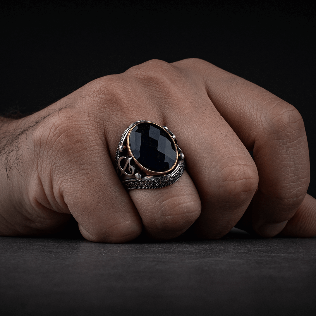 Sterling Silver Men's Ring with Blue Zircon Stone