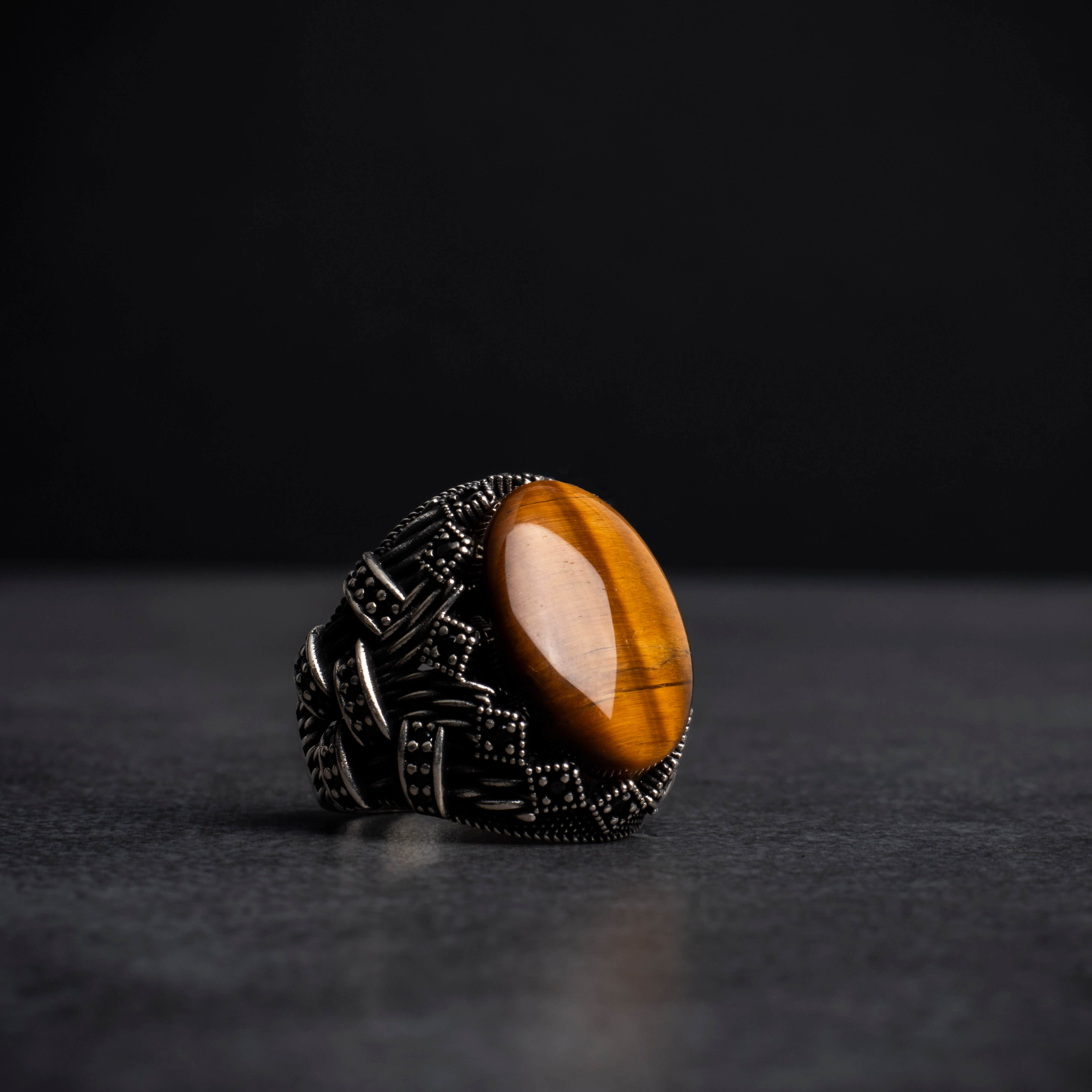 Men's silver ring with tiger's eye stone with fine details