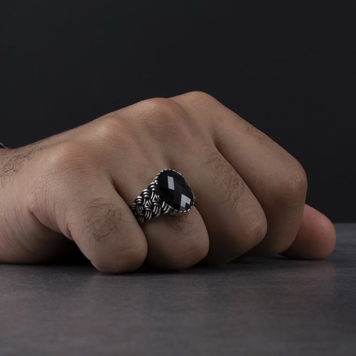 Men's Sterling Silver Ring with Black Zircon Stone